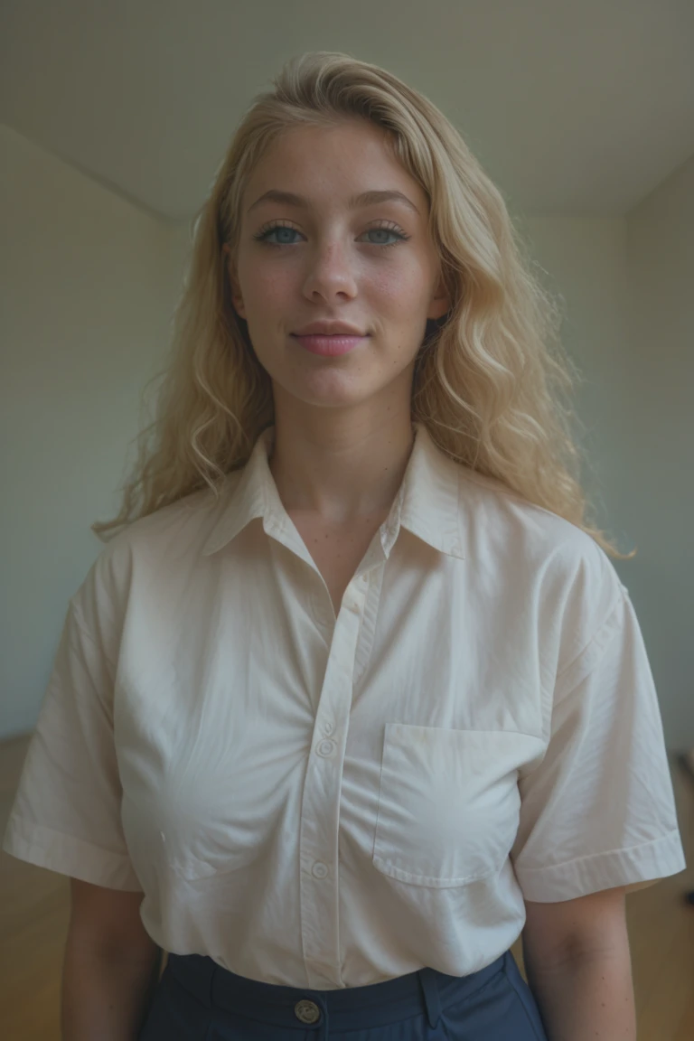 fille, blonde hair, blue eye, medium tits, tee shirt blanc, Realist, in a room