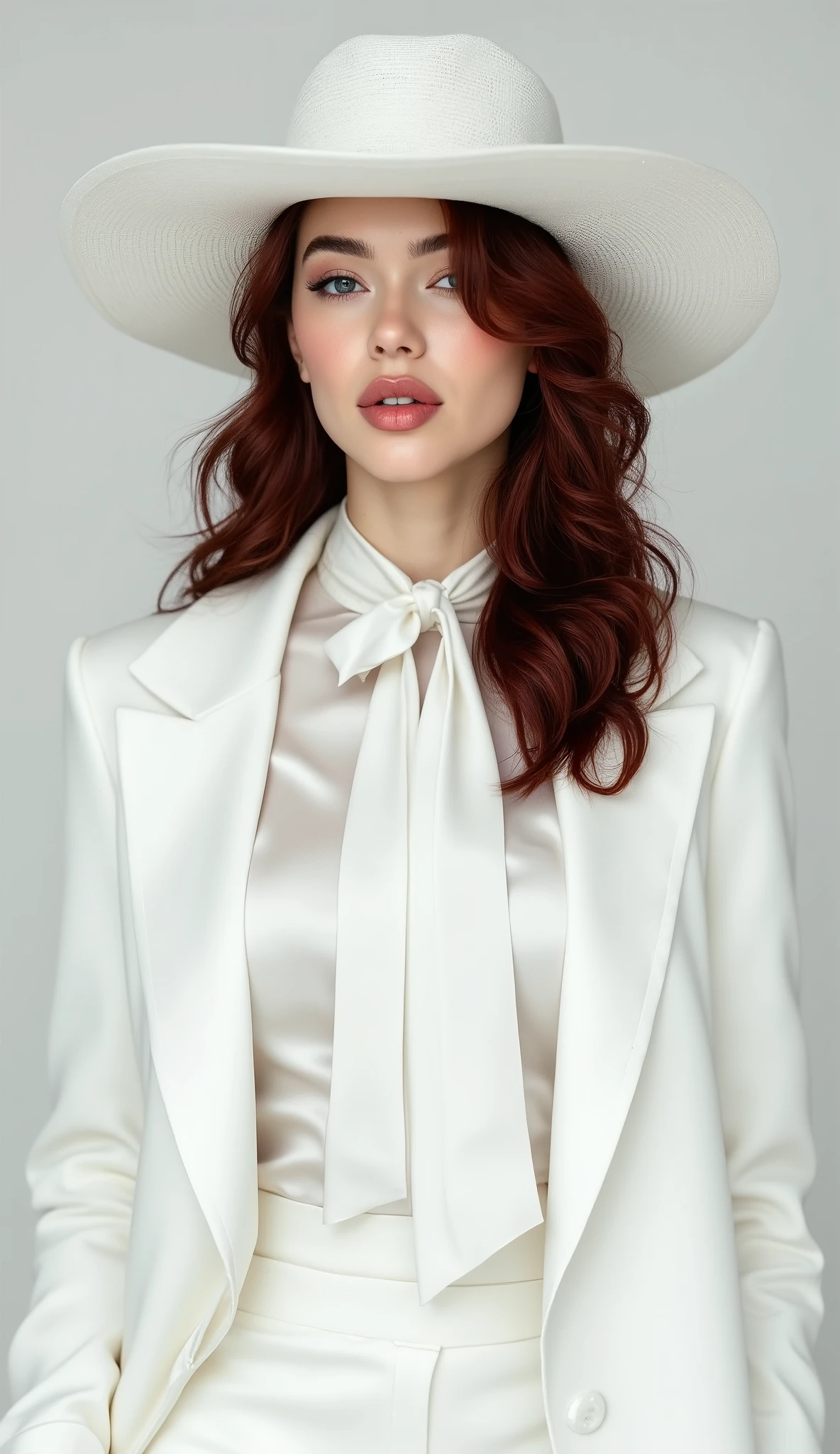 photorealistic, woman with auburn hair wearing a white satin blouse with a white neck tie, paired with a white vest and white blazer, white wide brim hat, white pantalon