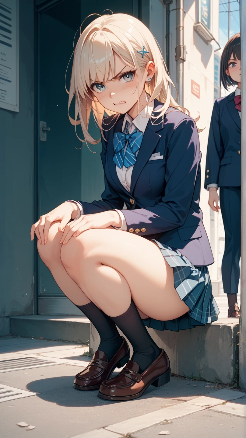 Highest quality, masterpiece, High resolution, (Head to Toe full body), front, frontComposition from slightly below, Symmetric, Tall 18 year old girl, alone, (Head to Toe), (Small breasts), Unkempt brown hair, bangs, (barefoot), （Shoes rolling around at your feet）（Nails on toenails）(Sit with your legs apart), (Crouching pose),  (Sit on the floor with your legs spread), (M-shaped feet), Thin legs, Very beautiful tall 18 year old girl, (No shoes), blush, Shy big eyes, Looking into the camera, blazer uniform, Checkered Pleated Skirt