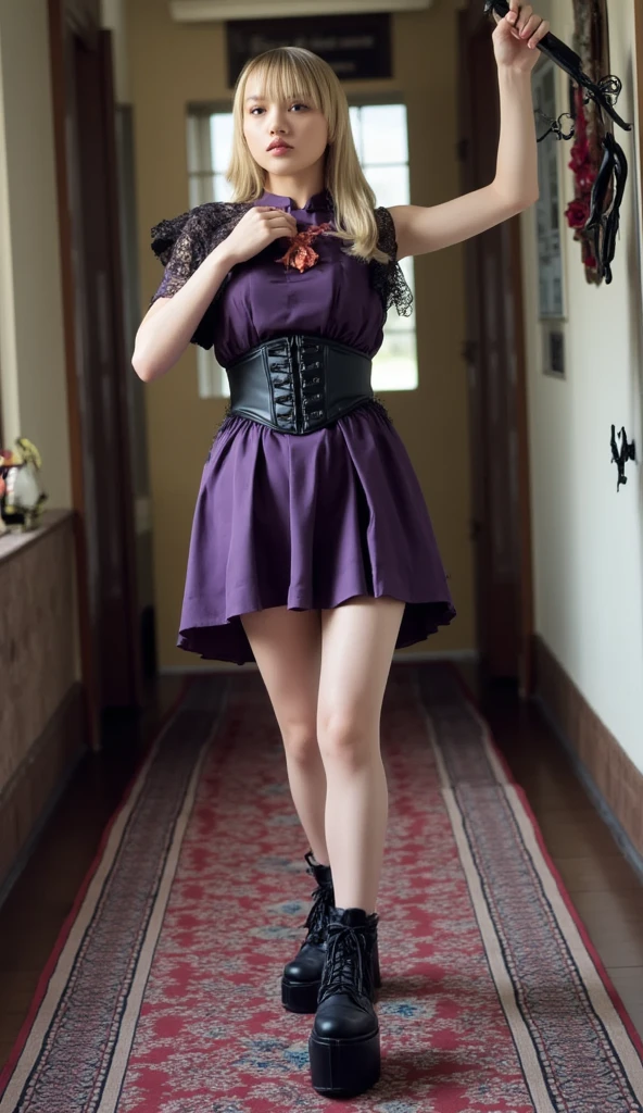 Goth Lolita girl, four arms, curvy, age 21, pale skin, dark eyes, sitting in an outdoor garden, dark blue elegant Lolita dress, dark red hair in white ribbons, knee high socks, black heels, legs crossed, very realistic,