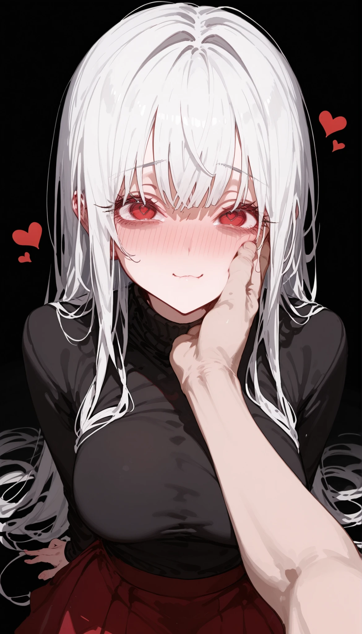 yandere,white hair,red-eyed,black turtleneck,heart,black background,,Red Skirt,Big Breasts,slim,cute,shadow under eyes,long hair,Black Shirt,shy,Shy, Yandre ,pov hand on cheek face,