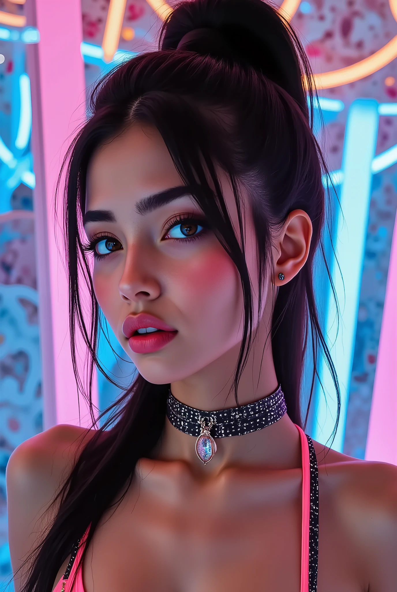 Realistic (Photorealistic realism 16K quality), ((ultra insanel quality, professional extremely detailed digital art)), ((focus on extremely Realistic Proportion Body, Anatomically Correct:1.2)), Beautiful Girl, ultra details, UHD, ((sharp focus, no blurry eyes, high resolution, absurd quality, Realistic brown_eyes:1.4),intricately detail:1.35),((extremely fine details eyes))((extra narrow eyebrows))(extremely fine details pupils).,(ultra realistic texture details: velvety skin, hair),((open mouth, joyful expression)),((perfect dark_eyeshadows:1.4)),(apply glossy red_lipstick:1.3),(perfect proportions:1.2),(anatomically correct), perfect female body, full bodyesbian, ((Beautiful long legs in good style:1.35)), ((no bra, no panties:1.3)), (medium butt), (skinny body build),(perfect hot model body:1.4), ((slim belly: 1.2)), (muscular body), (Beautiful bikini, made of PVC ribbon), ((Micro Slingshot Swimsuit: 1.25)), ((Wear Micro Sling Made of ((ultra Narrow,, Sparkly neon)), Tight, PVC Ribbon: 1.3)), ((dark Hair,Long Hair,two side up,Crossed bangs,between hair)), arms tattoo,((micro skirt)),angelic cute face,white teeth, perfect beauty, long eyelashes, (neon pink lips), oiled skin,(psychedelic background,voronoi backround), dslr, high quality split lighting, sharp focus captured by Fujifilm XT3, f 5.6,(perfect composition),((look at the viewer)), (((FULL BODY:1.55)))., ((Bare feet in the foreground:1.33)),((sits down,Legs up:1.3)),