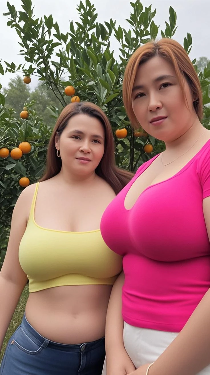 Cuckold chubby mature thic bbw white (56 fifty-six years old) hotwife, brown long hair, chubby belly,wearing pink sportswear, golden necklace, in the forest,selfie photo Style, with boyfriend, smiley expression