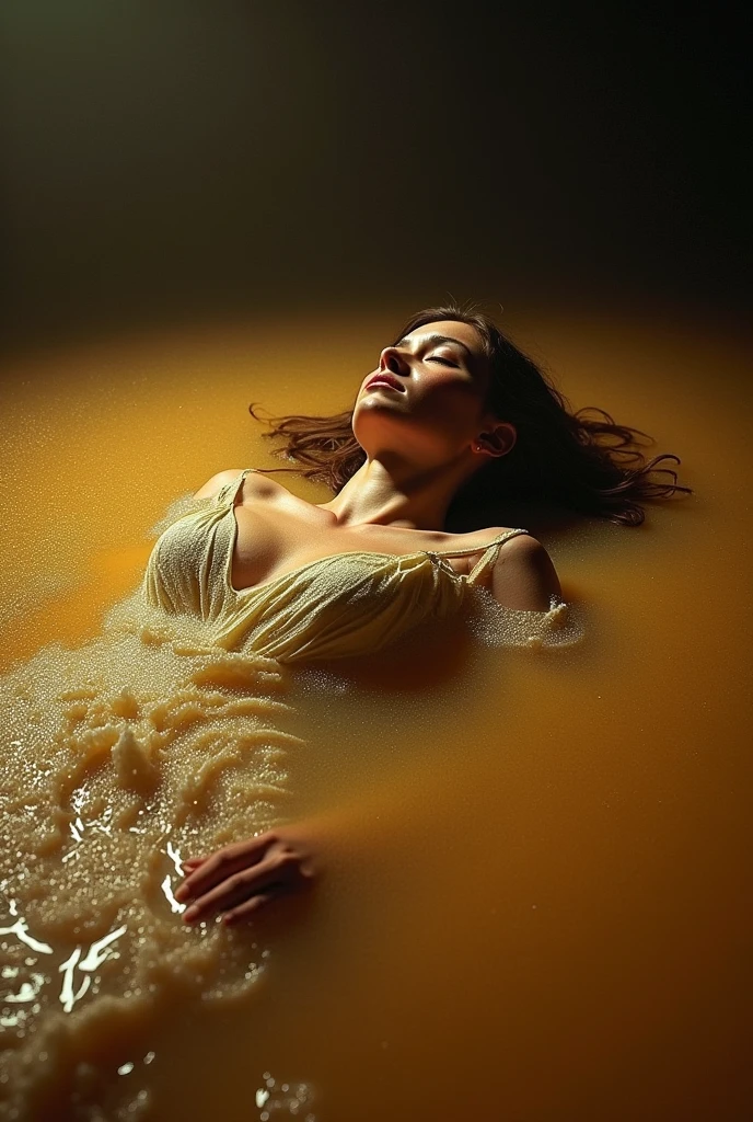 Full length view, a woman in her early twenties lays on her back, 100 worms are crawling on her body, slugs covering her face,