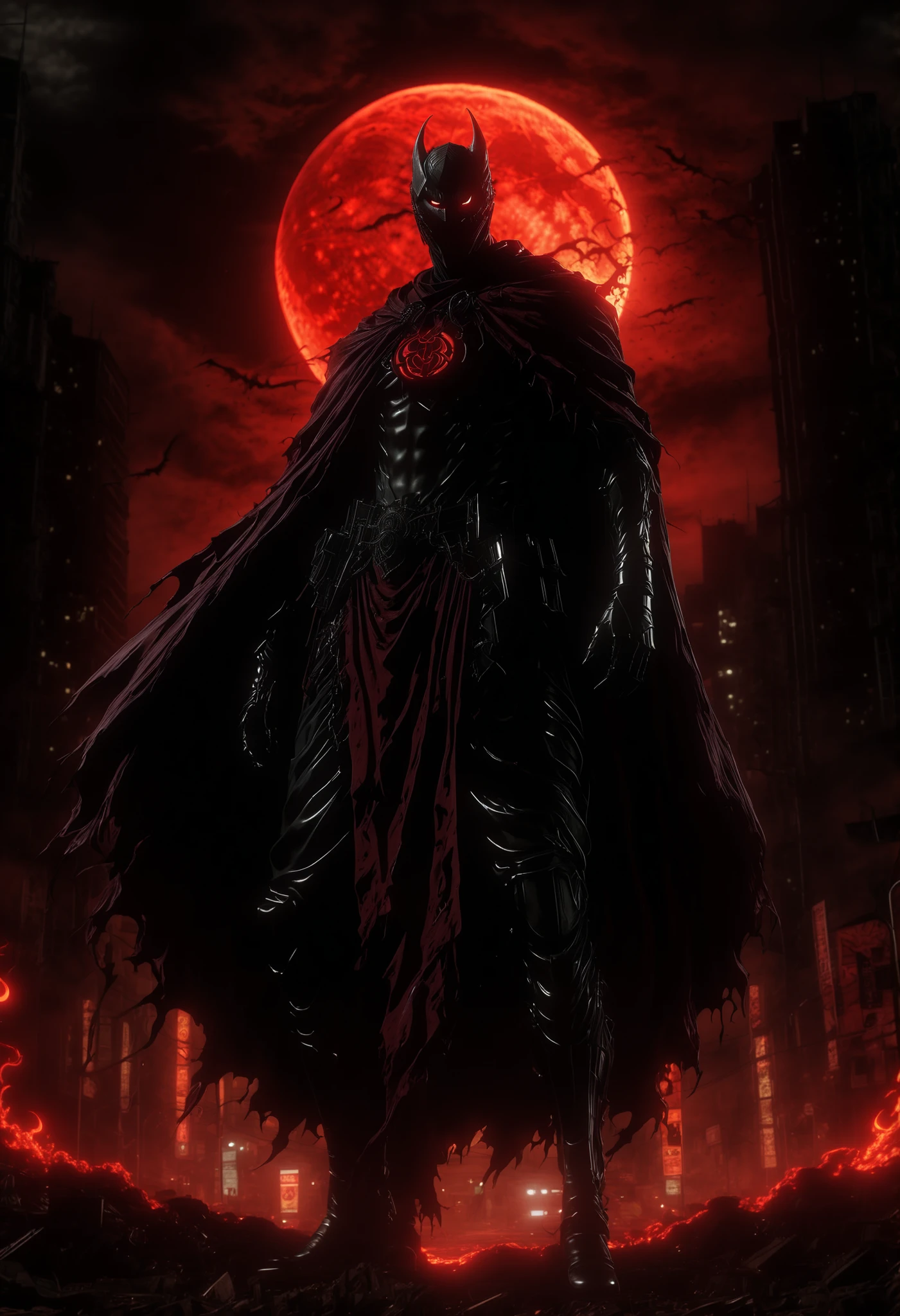 A demonic villain shrouded in a dark silhouette with an incandescent look and an insane smile, illustrated in hyper-detailed dark anime style, standing in front of a gigantic red moon that dominates the night sky. His figure rises among urban shadows shrouded in shadows, with worn bandages covering parts of his body and a torn cape fluttering in the wind. His eyes burn like living embers, projecting an imminent threat over a world on the brink of collapse. The atmosphere is steeped in chaos and madness, with blood-tinged clouds crossing the moon. Dramatic lighting from the moon, deep shadows and faint urban haze in the lower part. Composition with low angle and vertical framing, cinematic style with an ultra-defined focus on the face of the character, simulating a Canon EOS R5 with 50mm f/1.2, hellish glow effects, and apocalyptic tension palpable in the air.