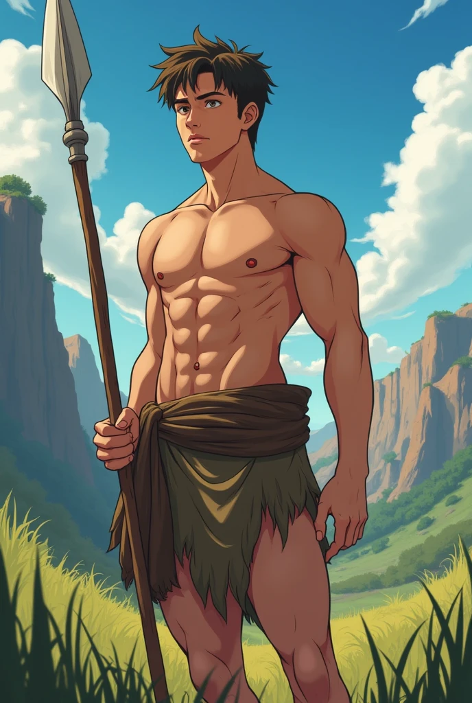 boy, very attractive boy, mexican ethnicity. tan skin, Shoulder-length brown hair, with bangs of hair on either side of his handsome face, young man, solo, Attractive. handsome face. mischievous expression, blue eyes, brown hair, tan skin, jacked muscle, beautiful musculature, aesthetic striations, inspirational physique, lean muscle, square pecs, beautiful v-taper, great abs and torso, bright bodysuit, standing front (young face) he wears She wears a coarse brown cloth loincloth., Ruins of a Jedi temple with river and waterfalls background.