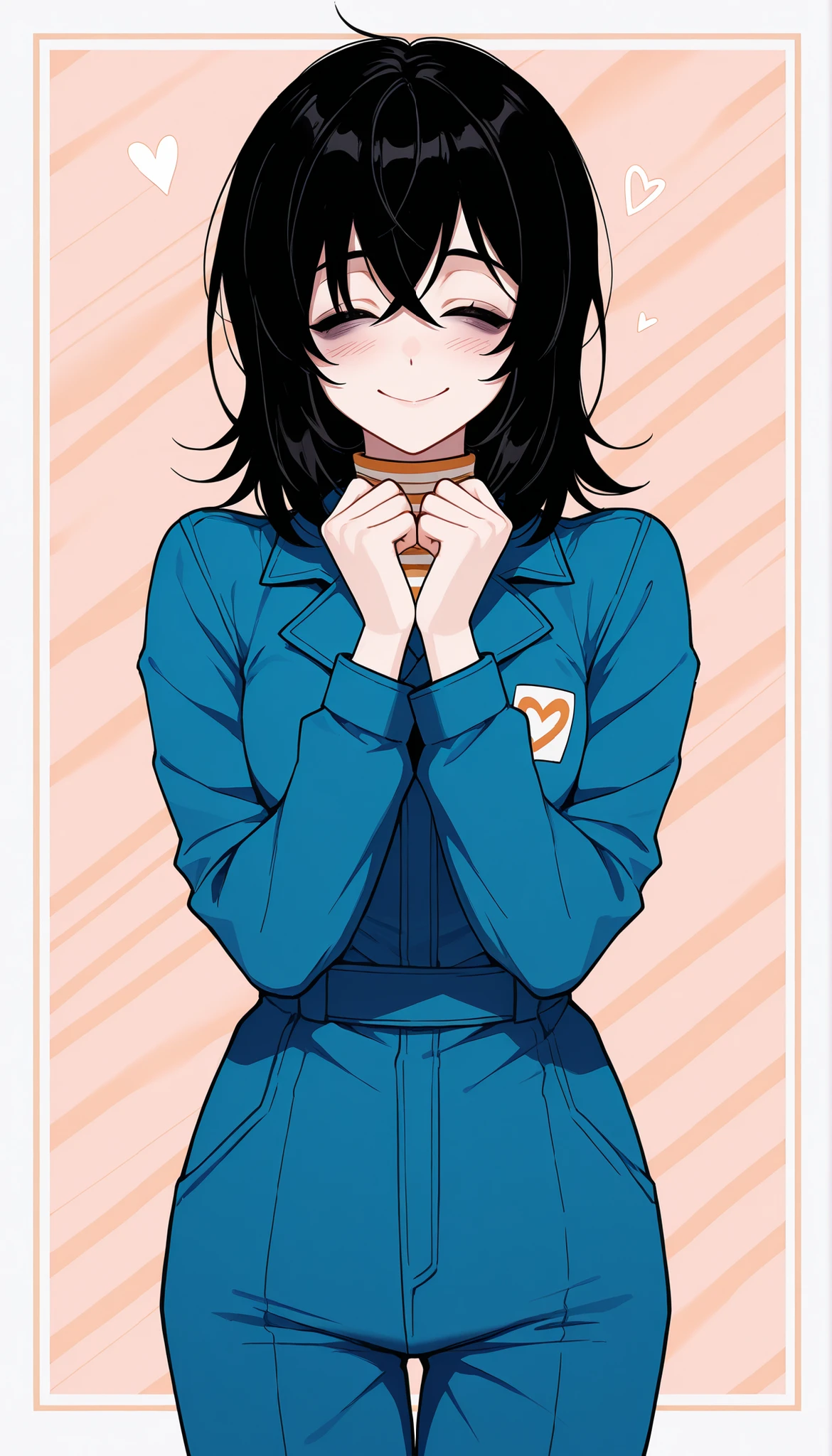 score_9, score_8_up, score_7_up, source_anime, solo, 1girl, mthwshanya, smile, blush, closed eyes, medium hair, black hair, black eyes, bags under eyes, blue jumpsuit, long sleeves, striped shirt, sunny with blue skies and clouds background, its a picnic, heart symbol, dynamic angle