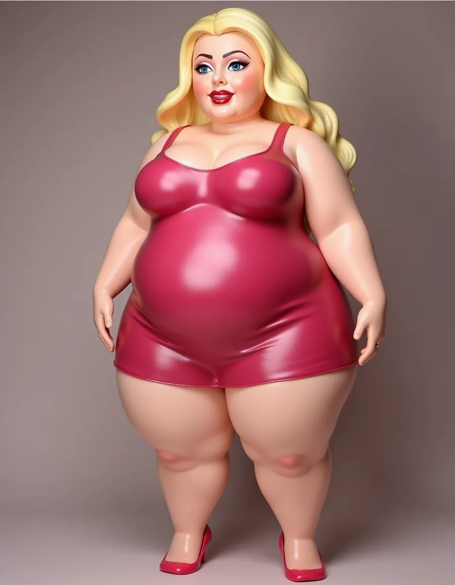 A blonde bimbo girl with gigantic breasts and bum, massive lips and dressed in a black latex catsuit, pregnant