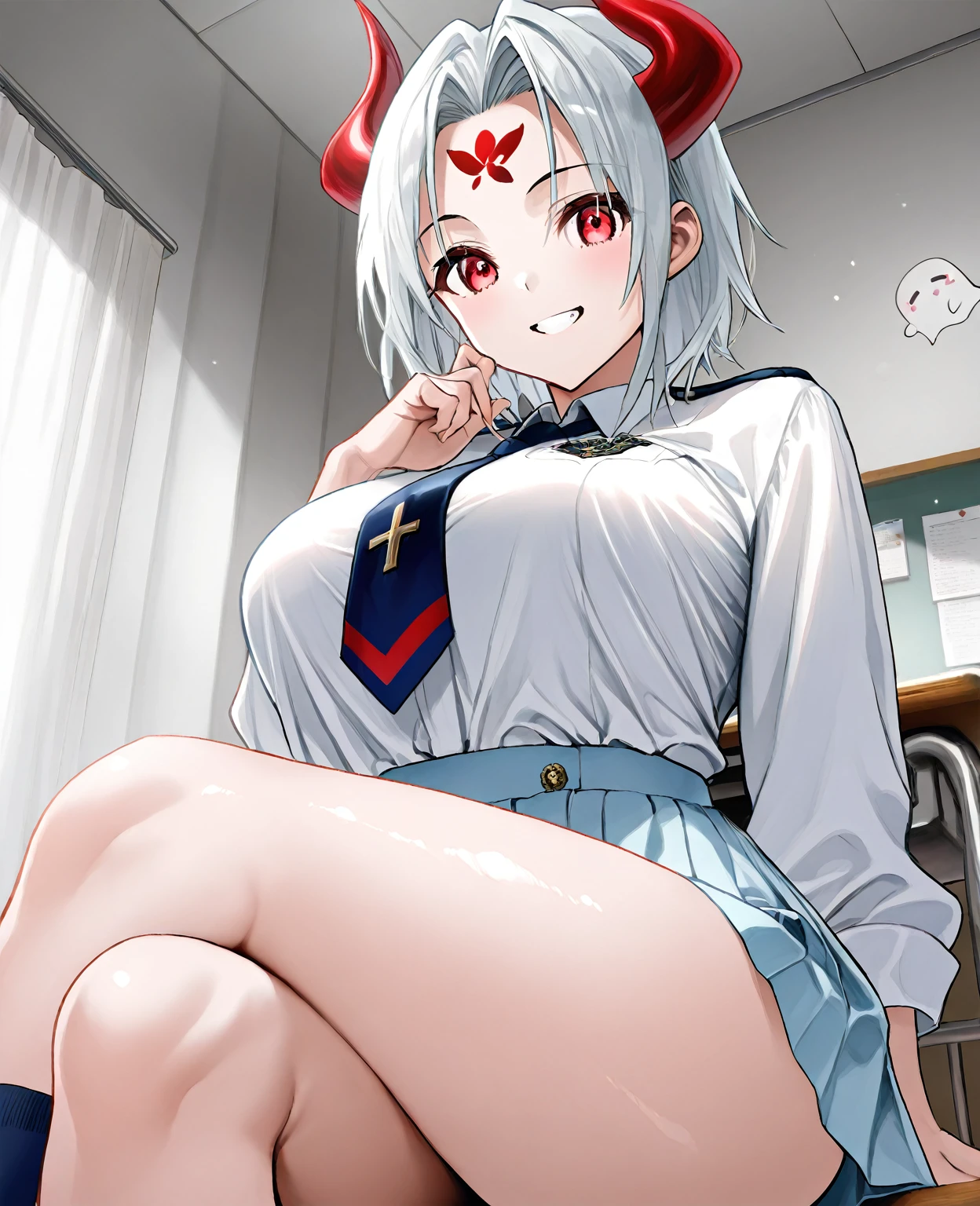 A female empress, short white hair, with yellow eyes, red nails, mostrando os peitos, legs open showing pussy, with an angry face and a provocative look, mouth open with tongue out. Wearing traditional Chinese imperial clothing, decorated in gold with black details, with red Hanafuda earrings, with a short red skirt. On your knees on a hotel room bed with a penis in your pussy, with a sunset in the window in the background.