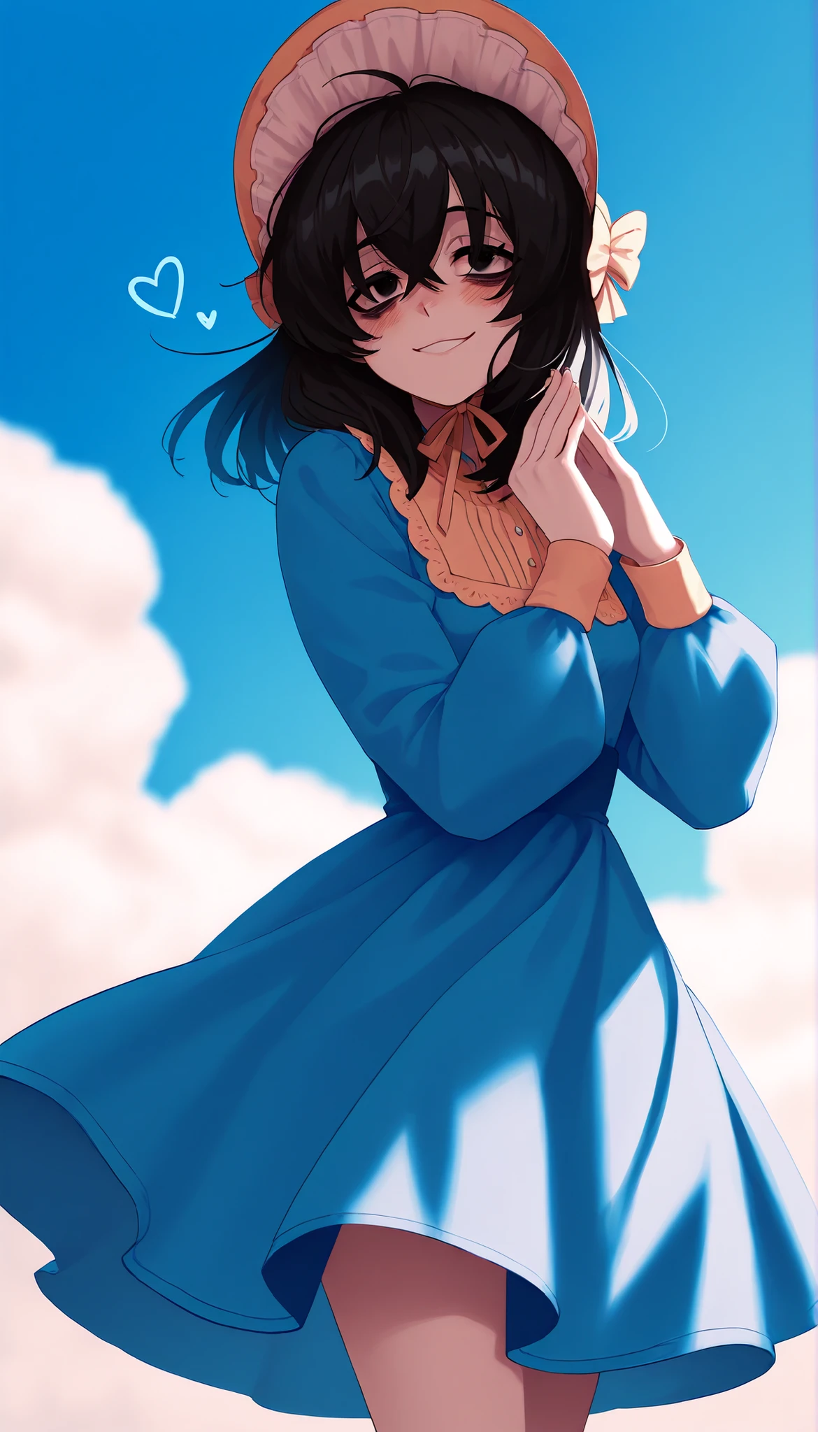 score_9, score_8_up, score_7_up, source_anime, solo, 1girl, mthwshanya, smile, blush, medium hair, black hair, black eyes, bags under eyes, blue dress, bonnet hat, ((sunny with blue skies and clouds background, its a picnic)), heart symbol, dynamic angle, cinematic