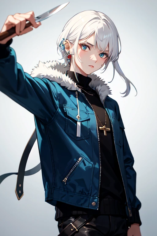 masterpiece, best quality,
solo,
close-up, cowboy shot,
facing viewer,
soft smile, light smile,
<lora:lrfactory-MamiDraws-v2:1>,, 1boy, teal eyes, white hair, medium hair, bangs, straight hair, shoulder-length hair, medium hair,, , coat, shirt, pants, studded belt, multiple belts, combat boots, torn clothes, chain necklace,