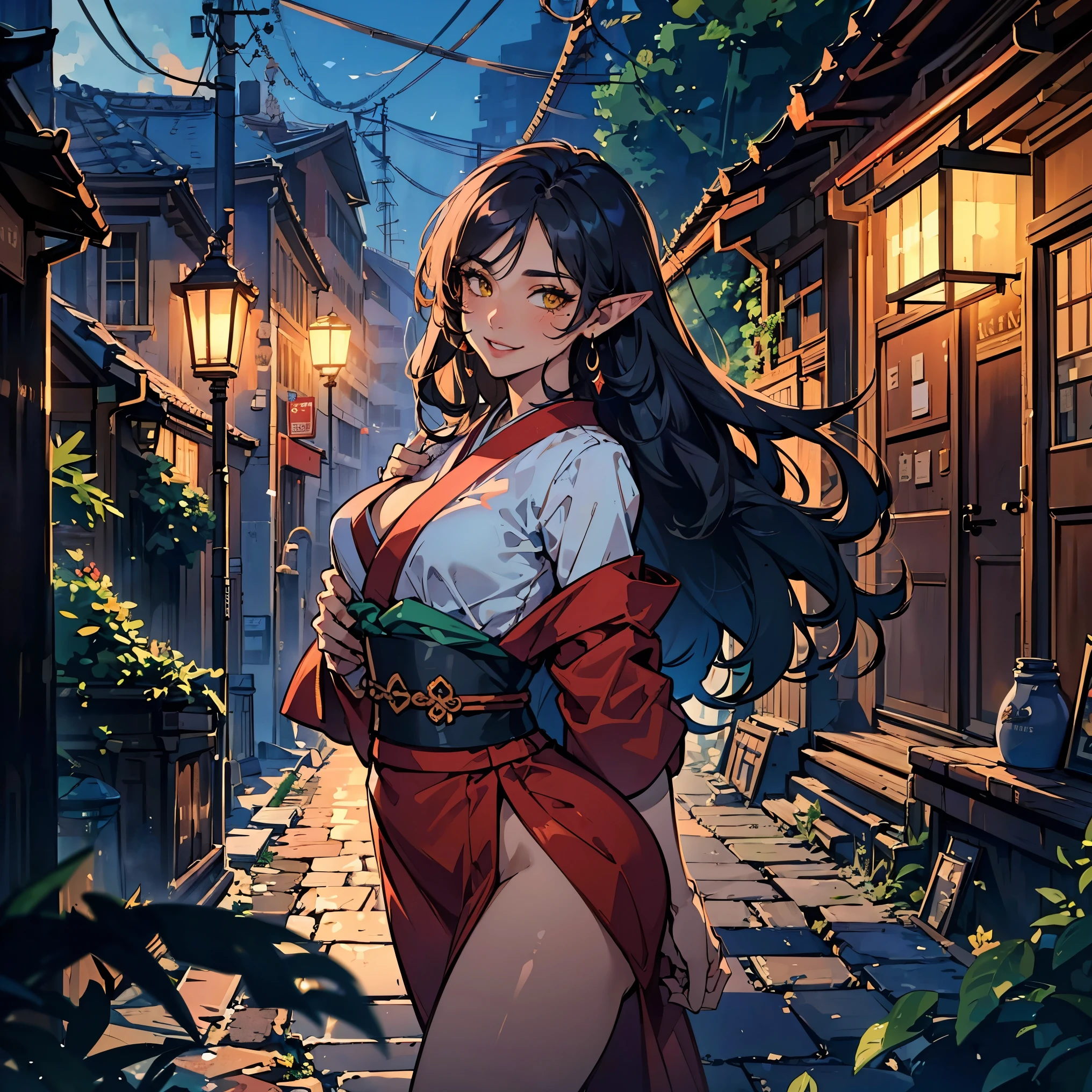 (10up, best quality, masterpiece, 8K, photorealistic, cinematic lighting, hdr image, ultra detailed, beautiful image, perfect face without errors, anatomically correct, body-part position correct, correct arms legs fingers), Ebony skin woman, red long hair, yellow eyes, elf ears, looking at viewer, Black-red kimono, Seductive Pose(pervy expression, mad smile, pervy gaze)