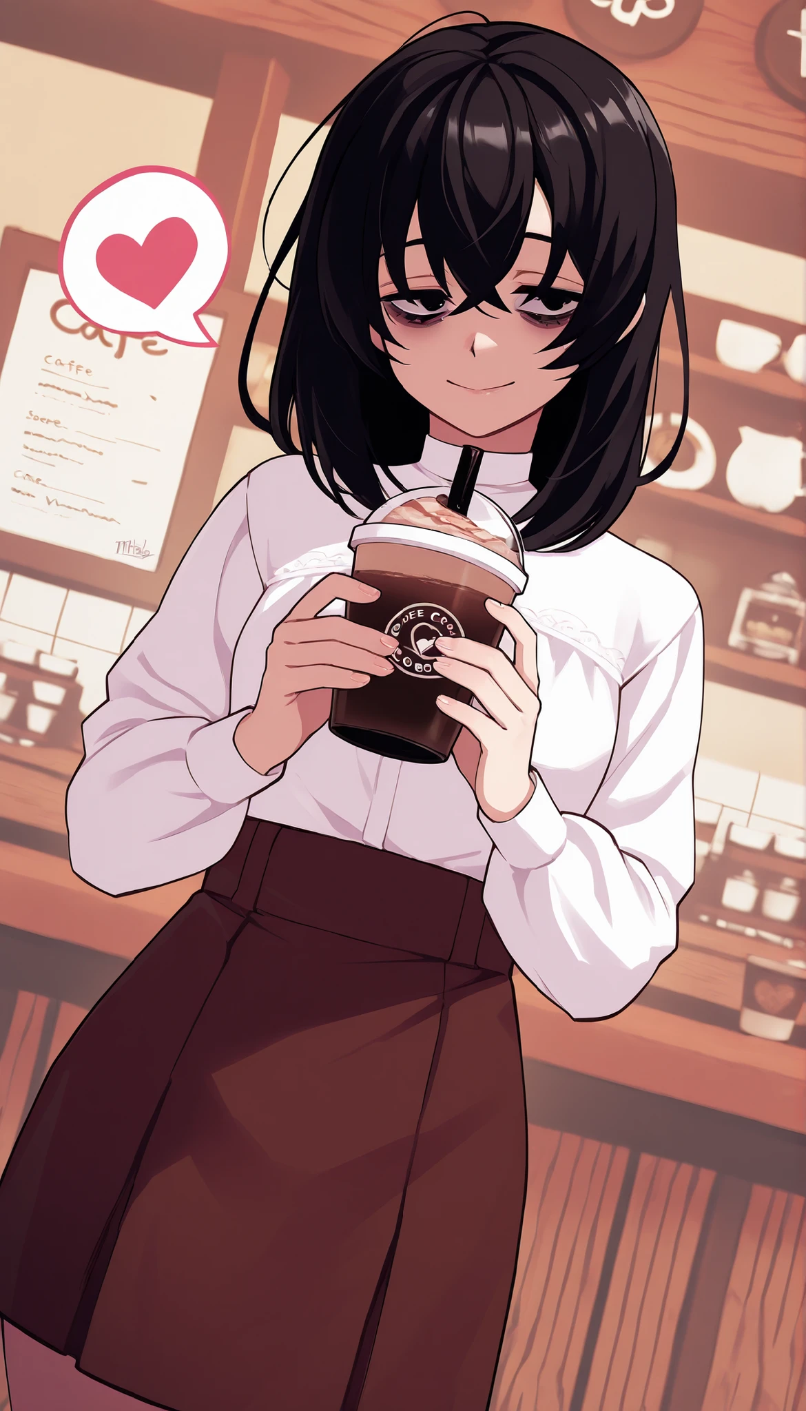 score_9, score_8_up, score_7_up, source_anime,  solo, 1girl, mthwshanya, smile, medium hair, black hair, black eyes, bags under eyes, white blouse, cute skirt, holding boba tea, ((cafe background)), heart symbol, dynamic angle, cinematic
