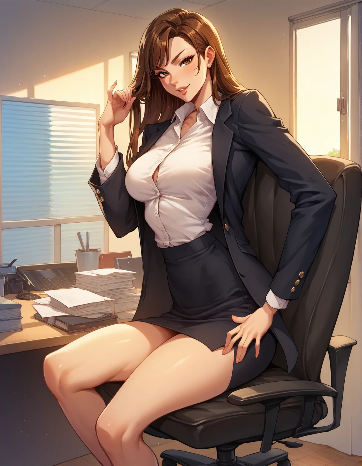 Highest quality, Great quality, 16K, Unbelievably absurd, Very detailed, 2.5D, delicate and dynamic, (Makoto Kino), Small face, Very delicate facial expressions, Delicate eye depiction, Very fine hair, (1 female), erotic, Sexy Woman, Muscular, Office Lady, Height: 175cm, Light brown long hair,ponytail、 Sexy long legs, Glowing Skin, White shirt, Black pantsuit, The background is the office,1990s \(style\),、(E-cup beautiful breasts)、tall、Cinema Lighting, (完璧なGlowing Skin:0.6),Always high quality CG Unity 8K wallpaper、smile