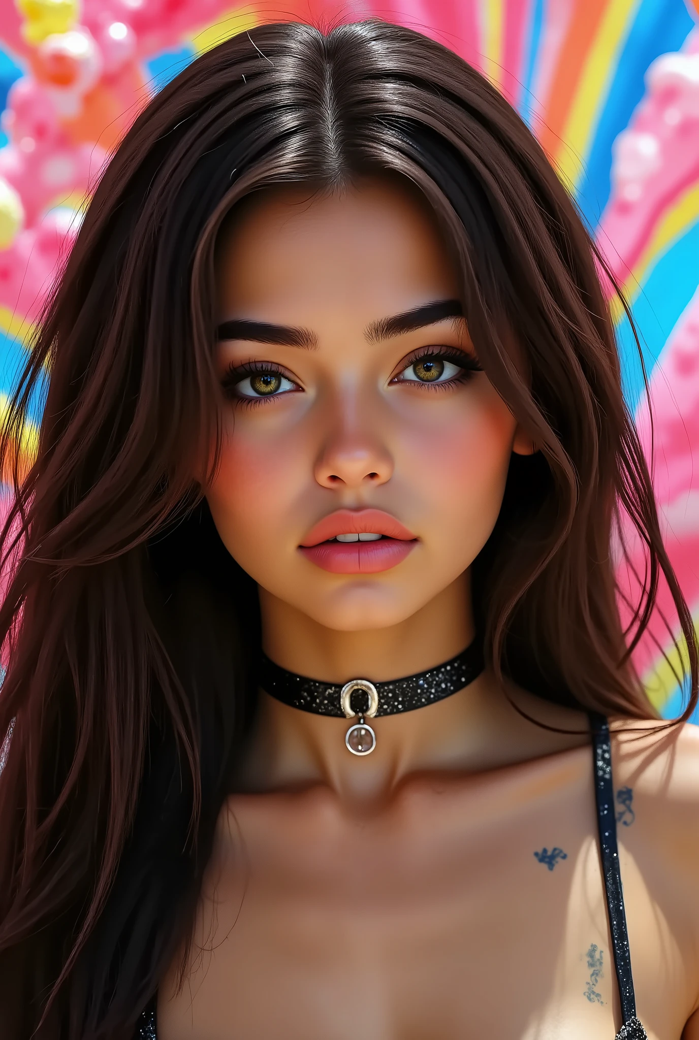 Realistic (Photorealistic realism 16K quality), ((ultra insanel quality, professional extremely detailed digital art)), ((focus on extremely Realistic Proportion Body, Anatomically Correct:1.2)), Beautiful Girl, ultra details, UHD, ((sharp focus, no blurry eyes, high resolution, absurd quality, Realistic brown_eyes:1.4),intricately detail:1.35),((extremely fine details eyes))((extra narrow eyebrows))(extremely fine details pupils).,(ultra realistic texture details: velvety skin, hair),((open mouth, joyful expression)),((perfect dark_eyeshadows:1.4)),(apply glossy red_lipstick:1.3),(perfect proportions:1.2),(anatomically correct), perfect female body, full bodyesbian, ((Beautiful long legs in good style:1.35)), ((no bra, no panties:1.3)), (medium butt), (skinny body build),(perfect hot model body:1.4), ((slim belly: 1.2)), (muscular body), (Beautiful bikini, made of PVC ribbon), ((Micro Slingshot Swimsuit: 1.25)), ((Wear Micro Sling Made of ((ultra Narrow,, Sparkly neon)), Tight, PVC Ribbon: 1.3)), ((dark Hair,Long Hair,two side up,Crossed bangs,between hair)), arms tattoo,((micro skirt)),angelic cute face,white teeth, perfect beauty, long eyelashes, (neon pink lips), oiled skin,(psychedelic background,voronoi backround), dslr, high quality split lighting, sharp focus captured by Fujifilm XT3, f 5.6,(perfect composition),((look at the viewer)), (((FULL BODY:1.4)))., ((Bare feet in the foreground:1.33)),((sits down,Legs up:1.3)),
