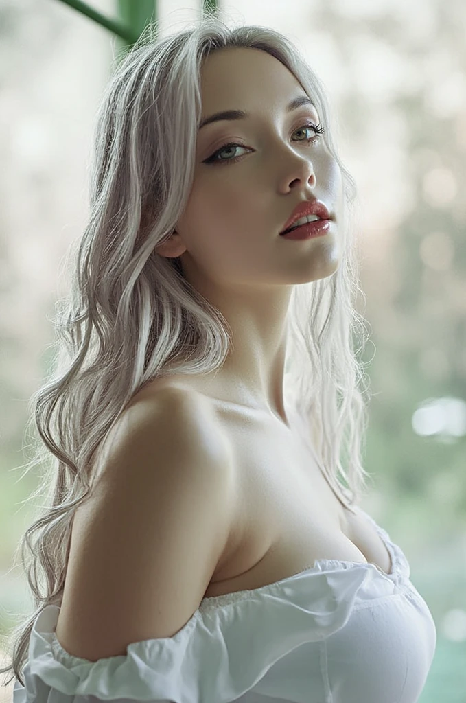 (realism: 1.4), best quality, masterpiece, woman, Slim, Big and firm breasts, White skin, Grey long curly hair, Red Eyes, Smile