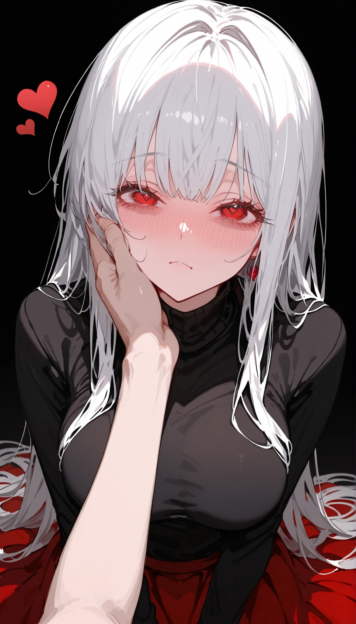 yandere,white hair,red-eyed,black turtleneck,heart,black background,,Red Skirt,Big Breasts,slim,cute,shadow under eyes,long hair,Black Shirt,shy,Shy, Yandre ,pov hand on cheek face, long sleeved dress ,