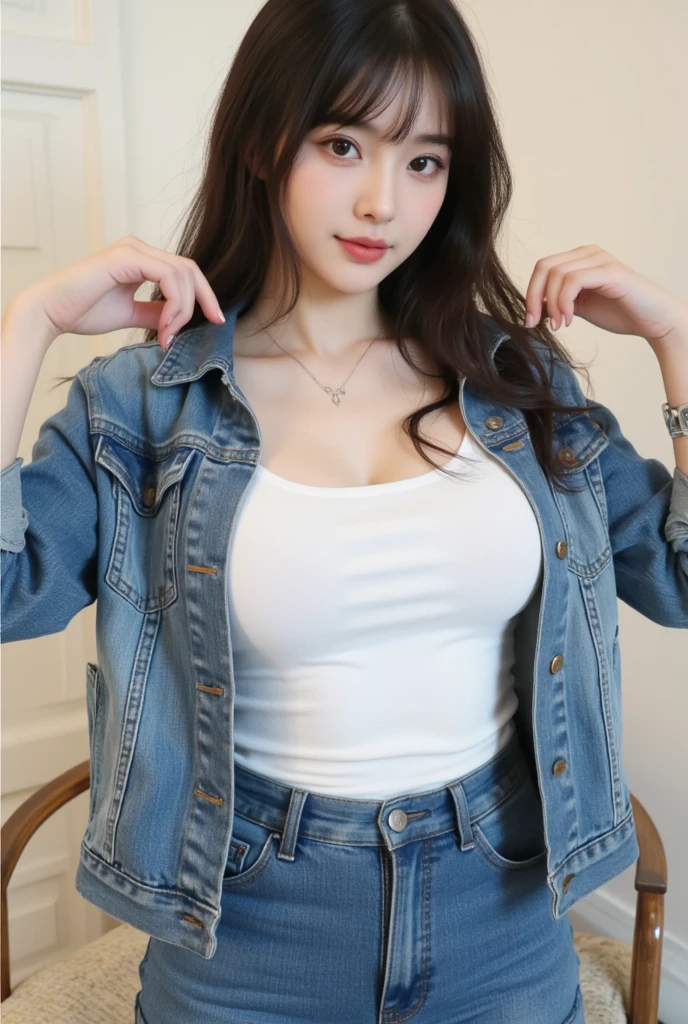 (highest quality,8K,masterpiece),beautiful mature woman,20-year-old,
lip gloss,
big chest denim jacket,tight jeans,white shirt,