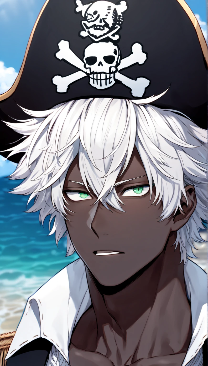 absurdres, highres, ultra detailed, HDR, master piece, best quality, detailed face, delicate features, Gojou Satoru, white hair, expressive blue eyes, white eyelashes, Jujutsu Kaisen, solo, sexy man, handsome, horny, toned chest, handsome smile, fantasy white pirate clothes, pirate hat, sexy pose, sea, beach, petals