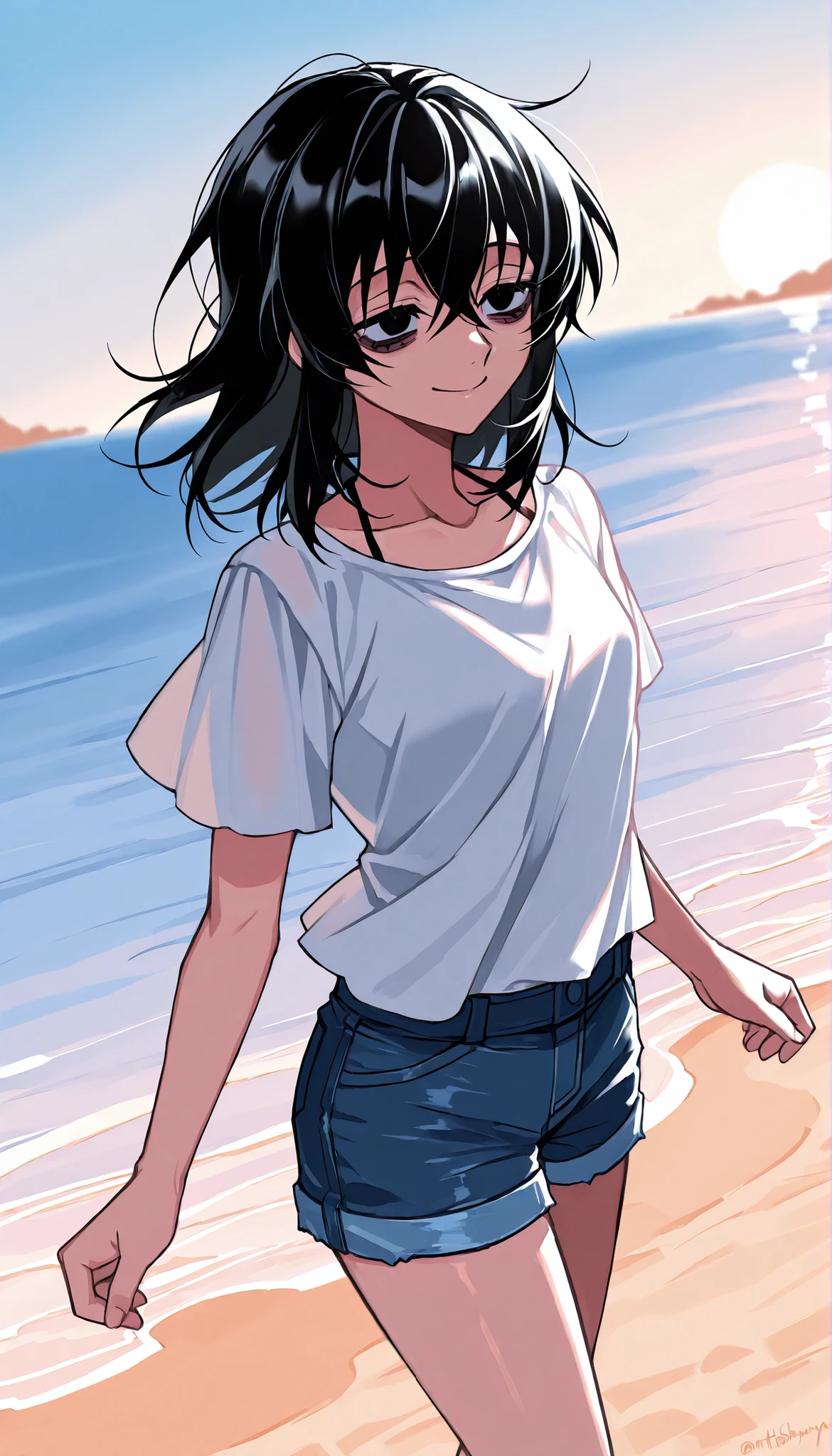 score_9, score_8_up, score_7_up, source_anime, solo, 1girl, mthwshanya, smile, medium hair, black hair, black eyes, bags under eyes, white shirt, denim shorts, playing in the water, ((beach background)), dynamic angle, cinematic