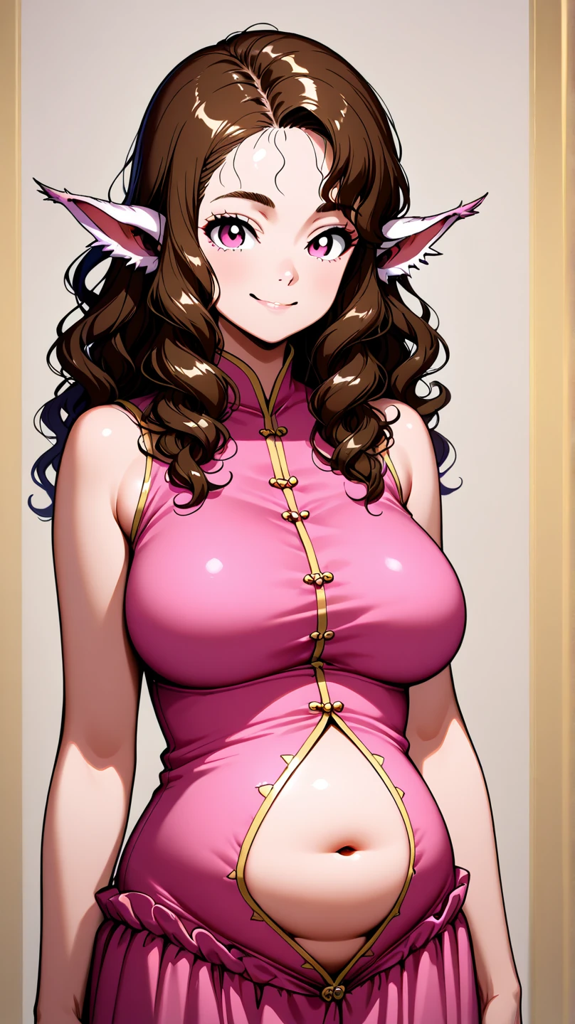 (junkotvv) medium breasts, 1 girl, ((black fur, cat ears)) ((cat girl)) light red eyes, She has a beautiful sensual body, with full breasts and thin waist, and an extremely sexy body, HIP HOP Long pleated skirt, Pink blouse with off-the-shoulder sleeves, has a bold appearance. young, quality, realist, best quality, cute expression, Red lipstick lips, Beautiful smile of a girl in love., propensity, In the living room, beautiful and with a romantic atmosphere
