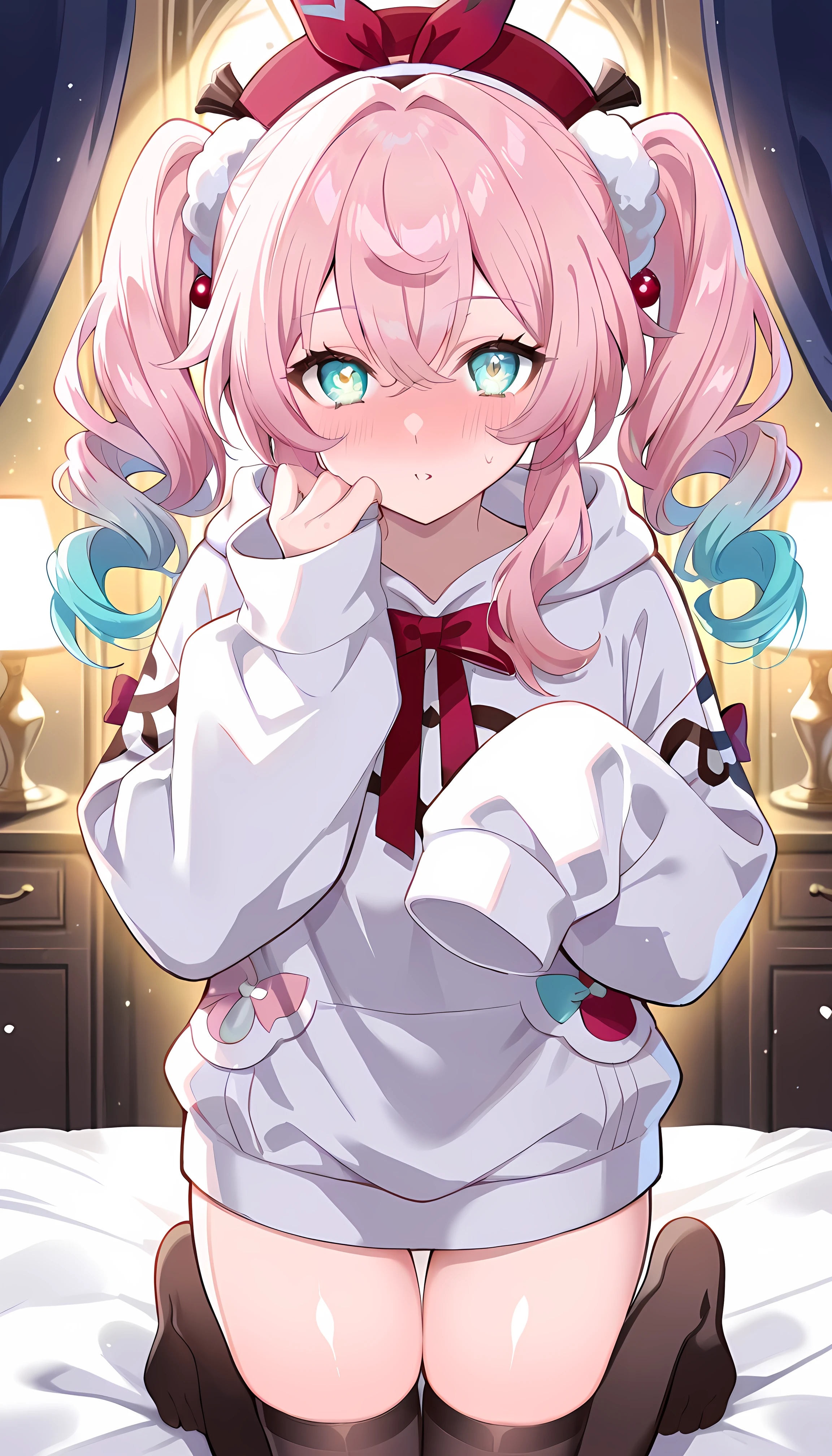 score_9, score_8_up, score_7_up, BREAK source_anime, (masterpiece), (Highest Quality), hyacine \(honkai star rail\), 1girl, full body, full-face blush, blur your cheeks, pink hair, solo,  clavicle、oversized clothes that cover the chest、white hoodie、Long Hoodie、Long sleeves、take down the hood)), black thigh-high socks, bedroom, hotel, twintails, multicolored hair, red headwear, gradient hair, looking at viewer, hat, long hair, bow,, hair between eyes, aqua eyes, parted lips, blue hair, sidelocks,Shiny Eyes , beautiful eyes on my stomach, fascinating, erotic, Shiny Skin Thighs, sexy, Shining Eyes, (cute illustration:1.3), (high chroma:1.3), detailed beautiful face and eyes for fine skin, dynamic lighting with floating light,, masterpiece,Highest Quality, Great Quality, anime, beautyful hot girl,,ray tracing,,barefoot、lean on the backrest、pocket、thigh gap、butt visible from thigh