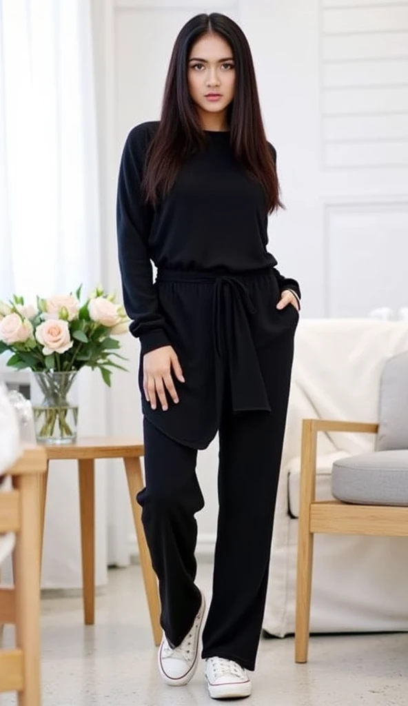 mira filzah sexy seducing pose, office balcony, morning, (mira filzah:1.3), wearing hijab, black hijab, black office outfit, black suits, high waist pants,, small breast, flat chest, wide waist, thick thighs, bright lighting, high quality, ultra detail, 8k, professional photography, depth of field effect, bokeh,