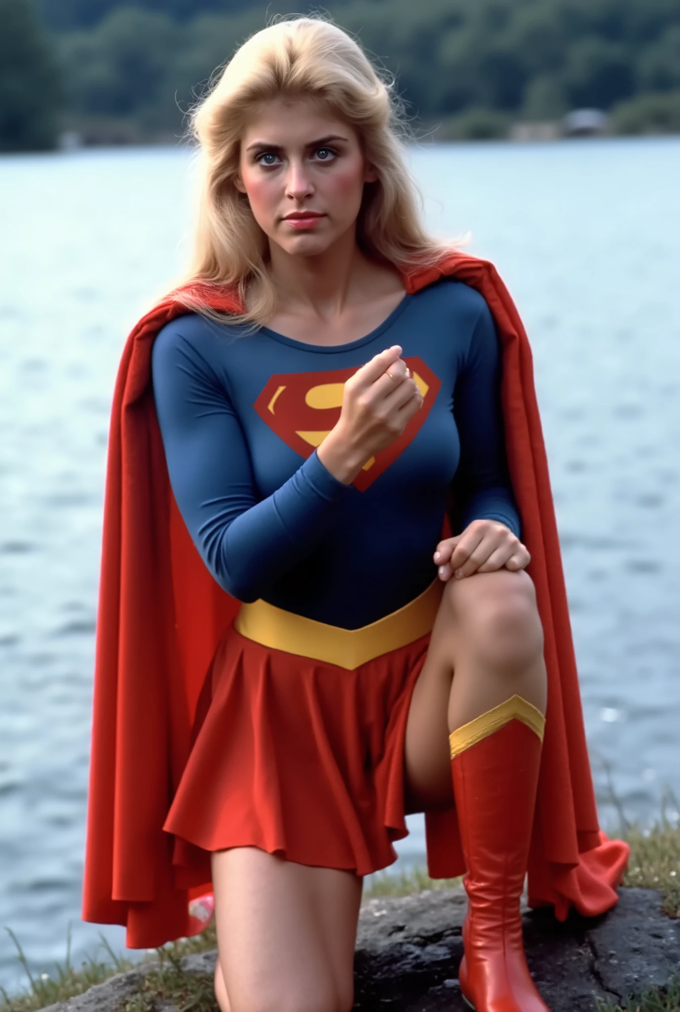 Helen Slater . blue eyes BLONDE HAIR (Supergirl) A VERY SEXY Helen Slater AS Supergirl WITH blue eyes AND LONG HAIR, WEARING A Supergirl COSTUME AND CAPE. High Definition 4K Rich Color, Learn more about 8K. blue eyes. Raise one knee, Crouching on a Rock Overlooking the Lake. HER Supergirl BOOTS FIRMLY PLANTED.
