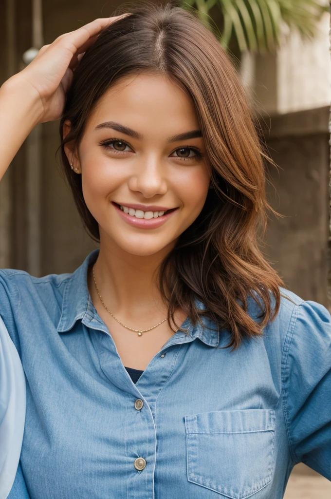 Create a dark-eyed brunette influence smiling on a balcony 