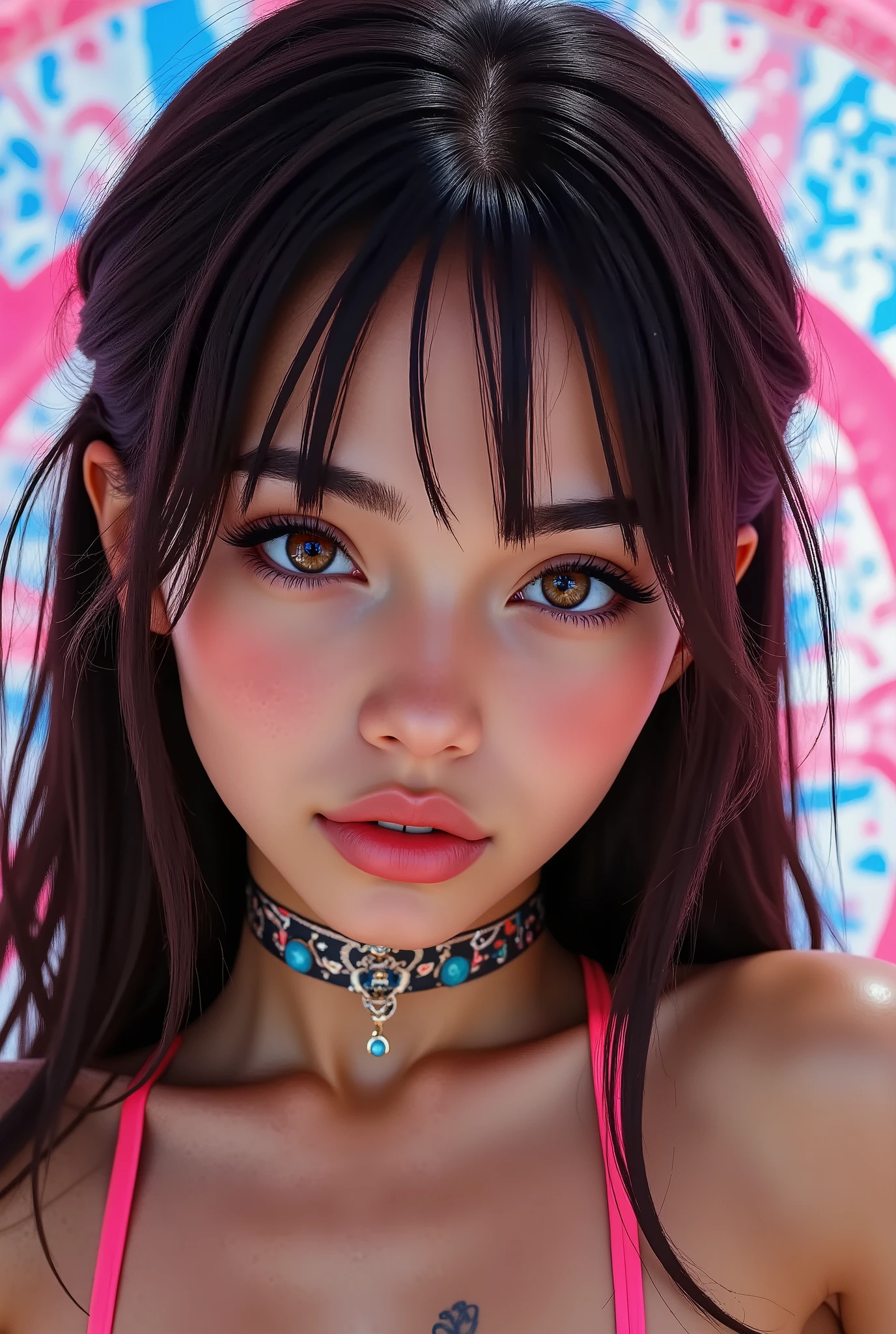 Realistic (Photorealistic realism 16K quality), ((ultra insanel quality, professional extremely detailed digital art)), ((focus on extremely Realistic Proportion Body, Anatomically Correct:1.2)), Beautiful Girl, ultra details, UHD, ((sharp focus, no blurry eyes, high resolution, absurd quality, Realistic brown_eyes:1.4),intricately detail:1.35),((extremely fine details eyes))((extra narrow eyebrows))(extremely fine details pupils).,(ultra realistic texture details: velvety skin, hair),((open mouth, joyful expression)),((perfect dark_eyeshadows:1.4)),(apply glossy red_lipstick:1.3),(perfect proportions:1.2),(anatomically correct), perfect female body, full bodyesbian, ((Beautiful long legs in good style:1.35)), ((no bra, no panties:1.3)), (medium butt), (skinny body build),(perfect hot model body:1.4), ((slim belly: 1.2)), (muscular body), (Beautiful bikini, made of PVC ribbon), ((Micro Slingshot Swimsuit: 1.25)), ((Wear Micro Sling Made of ((ultra Narrow,, Sparkly neon)), Tight, PVC Ribbon: 1.3)), ((dark Hair,Long Hair,two side up,Crossed bangs,between hair)), arms tattoo,((micro skirt)),angelic cute face,white teeth, perfect beauty, long eyelashes, (neon pink lips), oiled skin,(psychedelic background,voronoi backround), dslr, high quality split lighting, sharp focus captured by Fujifilm XT3, f 5.6,(perfect composition),((look at the viewer)), (((FULL BODY:1.4)))., ((Bare feet in the foreground:1.33)),((sits down,Legs up:1.3)),