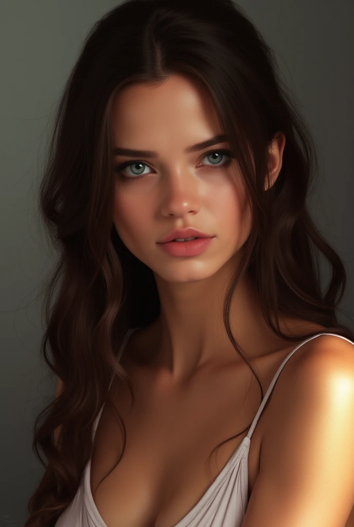a beautiful woman with long, flowing black hair, deep brown eyes, slim body, Scarlett Johansson