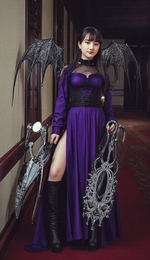 (Dark night,Bedrooms:1. a mature female,Purple-black hair,A pair of dragon horns,A pair of huge dragon wings,standing on your feet,One word step,Flirtatious), tmasterpiece, best qualtiy, RAW photogr, realisticlying, Incredibly Ridiculous res,, ear studs, (Long flowing purple hair),eye shadows,Bracelet,head chain,(A wide variety of intricate jewelry),eardrop,foot ring,Black Lolita dress long dress,(Black suspender stockings+),high-heels,Jade foot,depth of fields, A high resolution, ultra - detailed, filigree, RAWE is very detailed, very detailed eyes and faces, Sharp pupils, realistic pupil, tack sharp focus, cinmatic lighting,full bodyesbian,Bigboobs,long leges,From the front side,banquet,dynamicposes,Normal posture,closeup of face