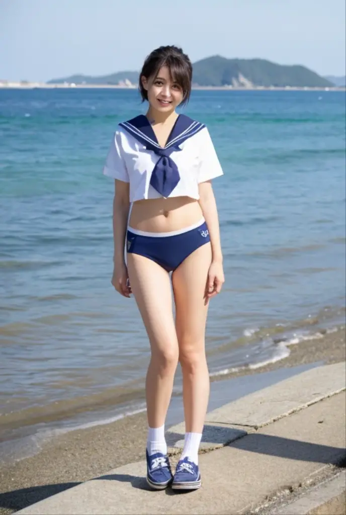 {2 | 3 | 4} girls standing in rural school beach,cumulonimbus cloud in summer sky,white bikini bottom,sailor shirt over,18-year-old,bangs,a little smile,thighs,knees,short hair with low pigtails bunches,from below,front light