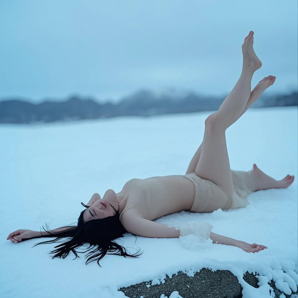 Very Pale skin curly black hair Russian woman nude standing in Snow winter full body laughing