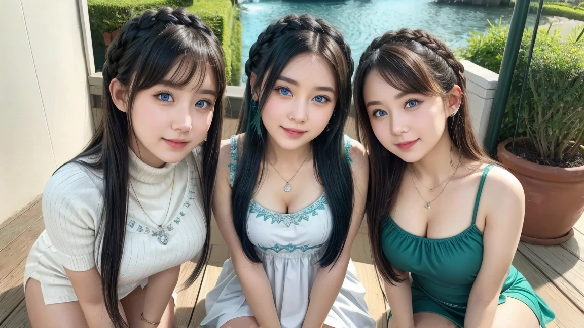 ( 3 girls),smile、Look into the camera、diamond necklace、braided hair, (Wearing an off-shoulder sweater that reveals cleavage.:1.1)、revealing upper arms、Extra long twin tail feathers、Flower Hair Ornaments、 Masterpiece, Highest quality, 8ก, beautiful girl, young face、 photography, Cute face, thigh,(Sitting in a lotus pond),、รอยsmile、small waist, blue eyes(((The chest is erect...)))(((round chest)))(((big breasts:1.1)))