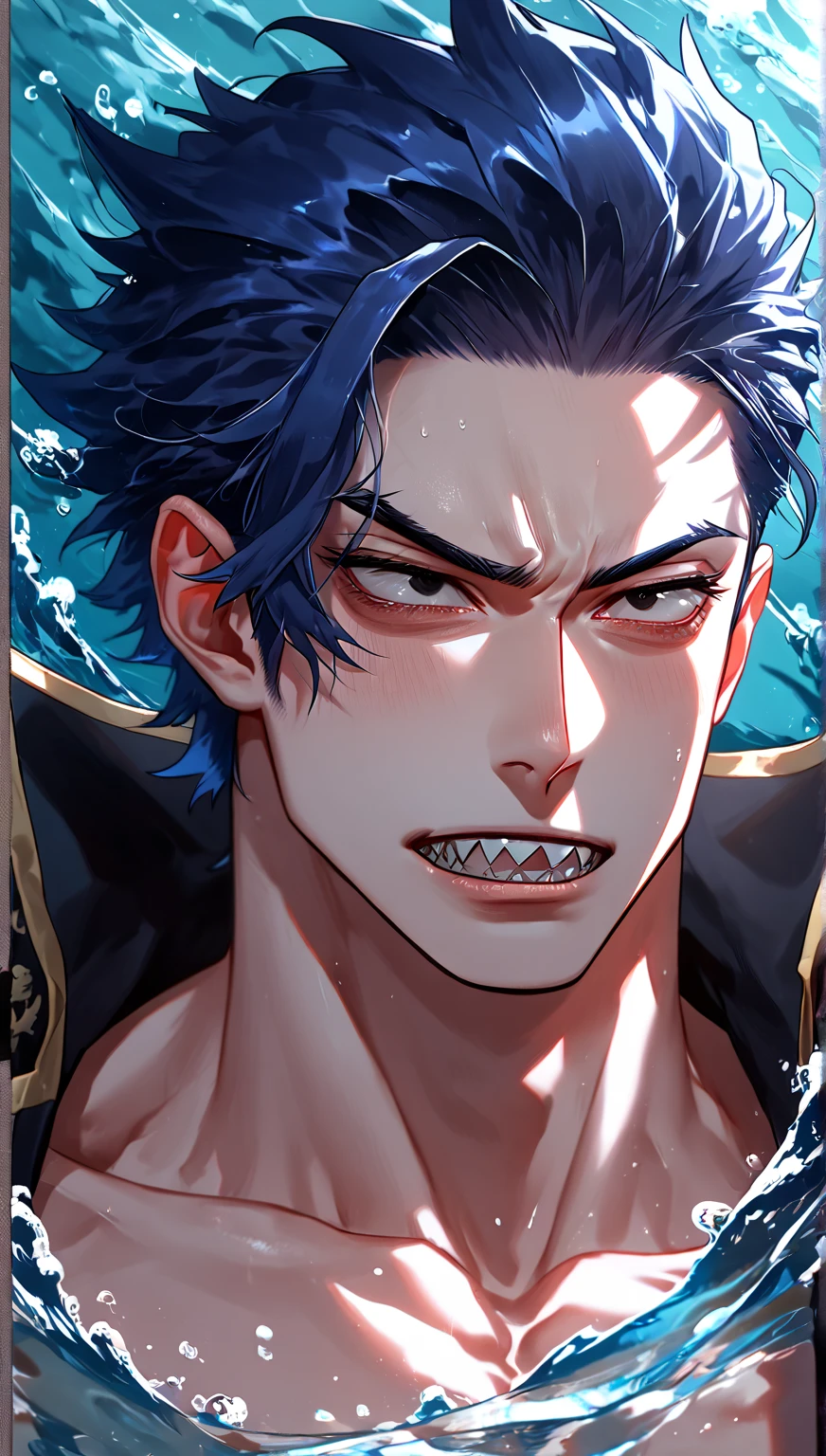 absurdres, highres, ultra detailed, HDR, master piece, best quality, extremely detailed, Tanaka Gundham, black hair, expressive red eyes, Danganronpa, solo, sexy man, handsome, handsome smile, sensual, toned chest, bare chest, horny, fantasy, island, sea, beach