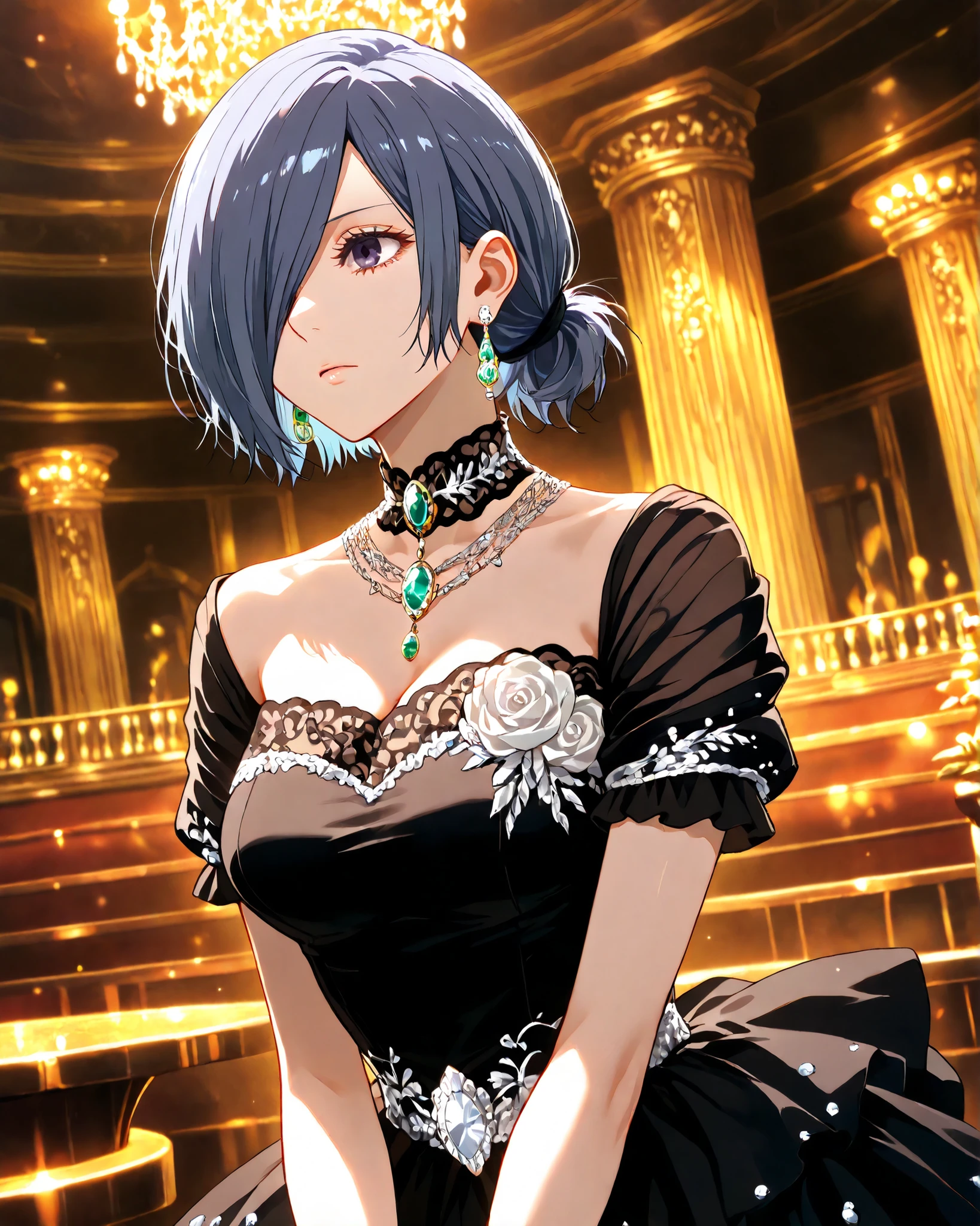highly detailed, ultra-detailed, finely crafted features, soft lighting, (( kirishima Touka)), anime girl with ((short blue-purple hair covering the left eye )), inspired by Tokyo Ghoul style, elegant face, smooth complexion, deep blue-purple eye, wearing an ornate black dress richly decorated with fine embroidery and artistic patterns, luxurious fabric with subtle jewel embellishments, silver accessories around her neck including a detailed necklace with gemstones, elegant earrings and hairpins, waist design featuring a rose-shaped ornament, placed in a grand classical concert hall with warm glowing lights, refined and majestic atmosphere