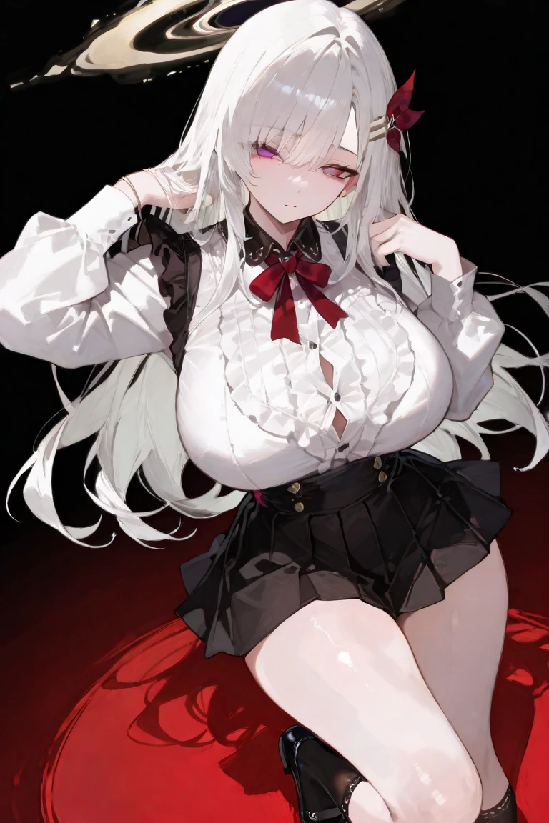 masterpiece, best quality,1 gyaru girl,messy curly ravishing silver hair,super long hair,
half-open-eyes with heart-shaped pupils,huge large breasts silhouette,frilled impossible clothes,navy blazer school uniform,(holding heart-shaped-sweets in hands),