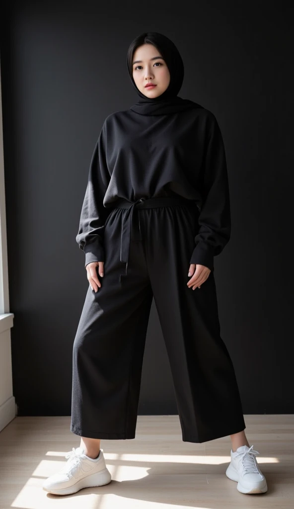 In the garden, a woman with a black headscarf, black sweatpants, Barefoot woman. Men who touch women