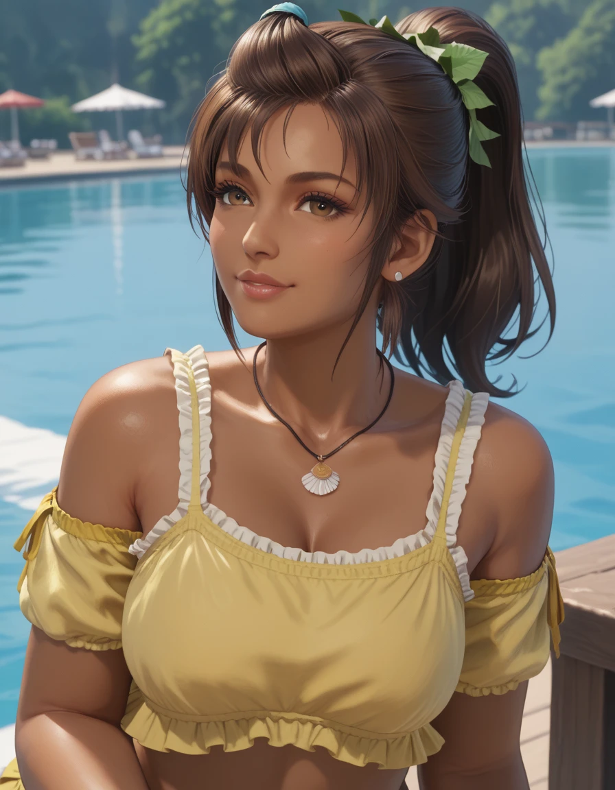 masterpiece,best quality,highres,<lora:MIAOKA_Aerith:0.8>,1girl,solo,Aerith Gainsborough,green eyes,hair ornament,striped bikini,onsen,in water,from side,