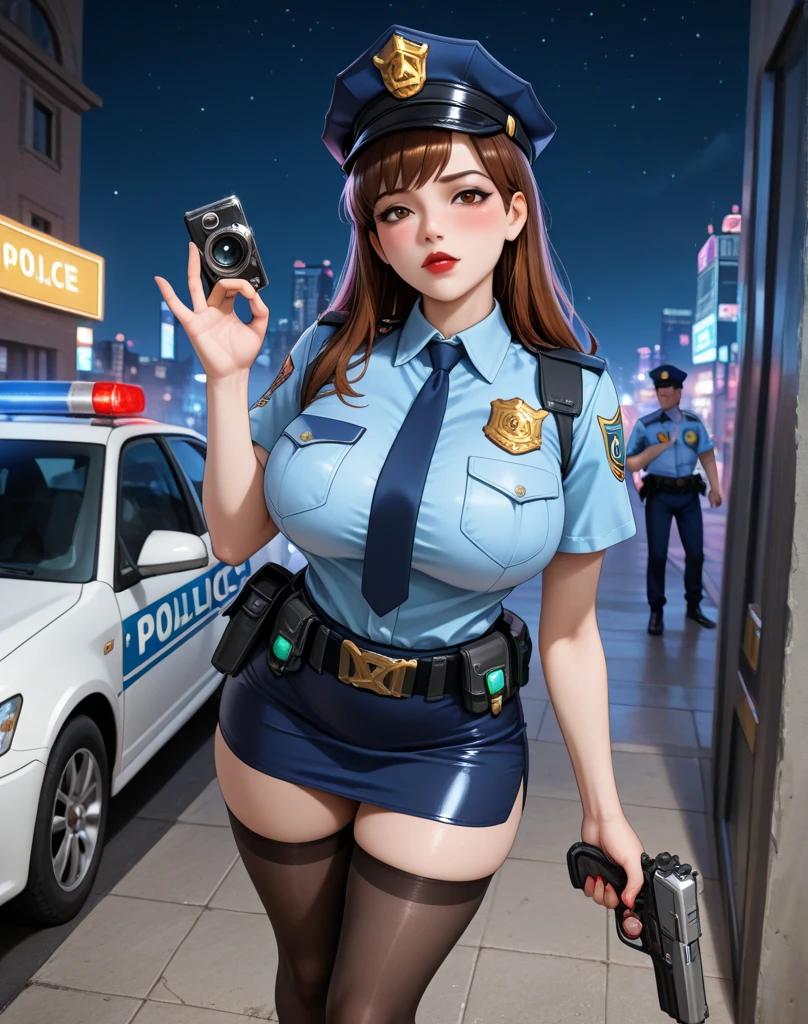 WOMAn, realization, (headphones), (high fork tights police uniform), (police logo), (pantyhose fishnet stockings), policewoman, (lips slightly open), chuckles), (shiny skin: 1.1), blush, (looking at the audience), standing, (full body), Obra-prima, highest quality, high resolution, absurd, blurred background, berets, berets, photorealistic real, perspective, modern, depth of field, uhd, masterpiece, high detail, anatomically correct