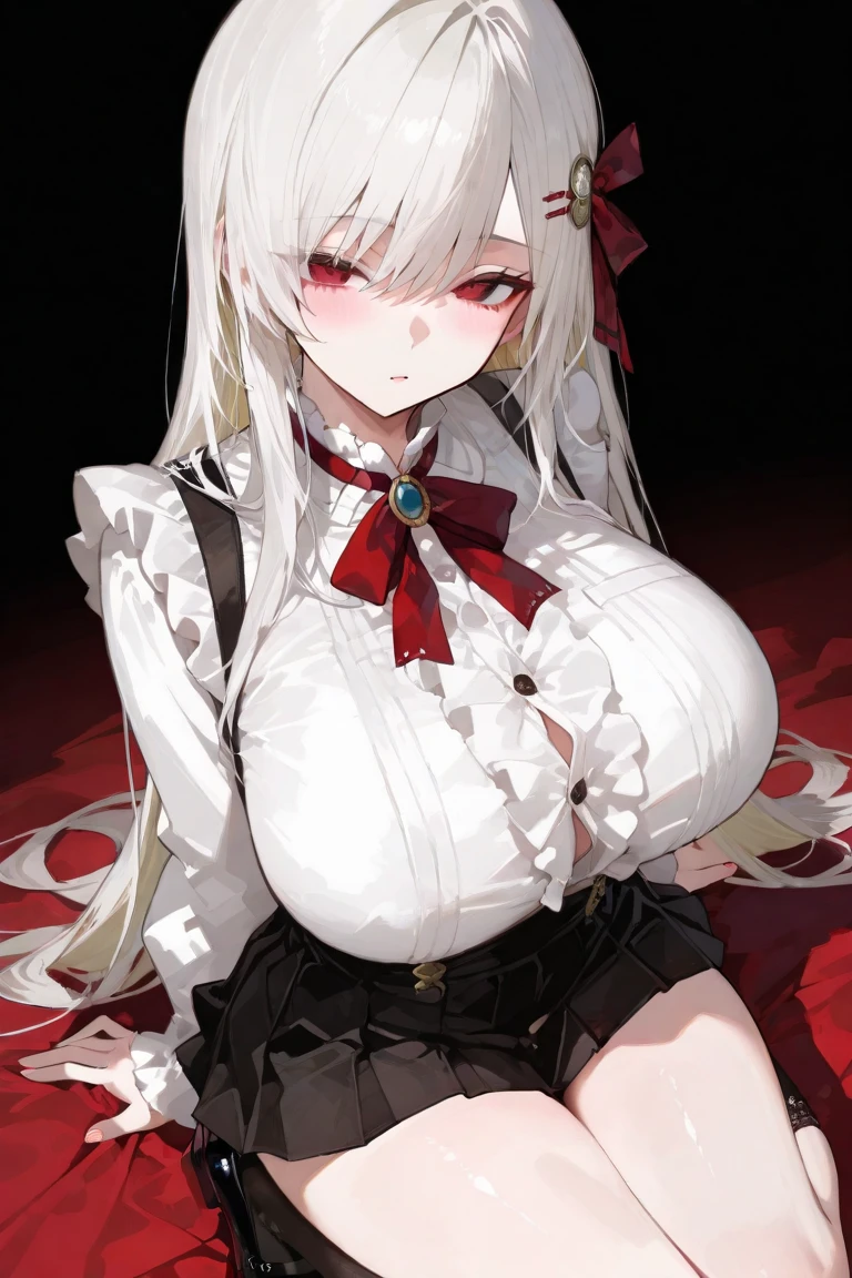 absurdity , a high resolution, 8K，{{ultra detailed}}, {{illustration}}, (Beautiful Detailed eyes), Beautiful, Amazing, Detailed eyes, (((masterpiece))), (((Vampire girl in chibi style))), BREAK, Red Shadow, BREAK, Looking at the viewer, embarrassed, (blush:1.5), BREAK, (Nihonga, Sumi-e), BREAK, Illustrate a translucent watercolor painting., with delicate shades of color, fine mixing, fabulous quality, BREAK, ((huge inverted nipples:1.5)) (very large breasts:1.8, giant breasts:1.8), (look through:2), long white hair, Red eyes,black knee socks,BREAK, (((night, detailed information, on open air, red flowers)))