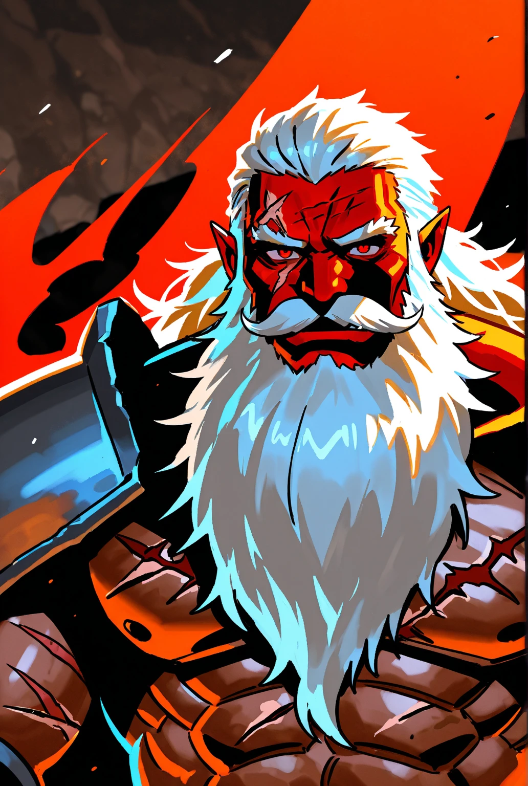 1 person, fullbody portrait of an old male Tiefling with long thin goat horns curled back from his eyebrows, (dark red skin: 1.8) covered with scars and wrinkles, a face smeared with white paint, ash-white hair and a long beard curled into braids, in leather armor with steel inserts, against the background of a medieval fantasy city, atmospheric scene, (((masterpiece))), best quality, hyperdetailed, (artstation:1.5), cinematic,