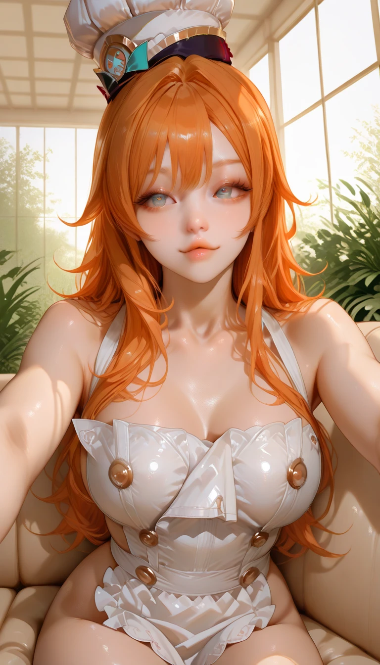 best quality, masterpiece, highly detailed,1girl, Nami, , (masterpiece:1.5), Detailed Photo, Smiling, Sexy, (8K, Best Quality: 1.4), (1girl), Beautiful Face, (anime realistic Face), (Orange Hair, long Hair: 1.3), Beautiful Hairstyle, Realistic eyes, beautiful detail eyes, (white skin), beautiful skin, absurd, attractive, ultra high resolution, ultra realistic, high definition, golden ratio, (sexually aroused:1.5), Pinkish white skin, cool white light, sexy pose, Beautiful , white background, pink soft white light, Wear a black bodycon dress, (messy hair:1.5), (masturbate:1.5)