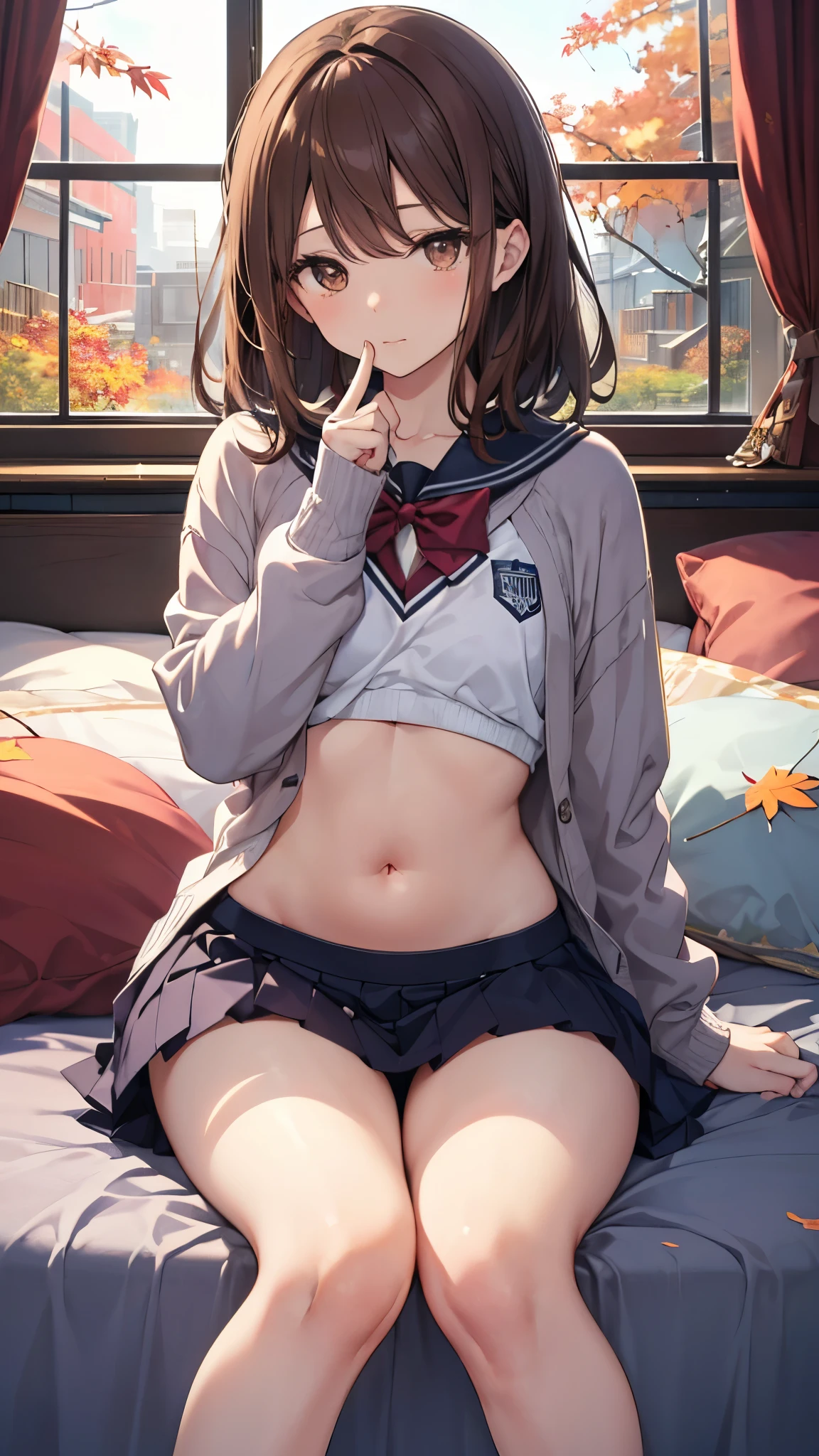 a girl that is on her knees and her leg is up in the air, 1girl, underwear, panties, navel, white panties, hetero, blurry, blurry background, 1boy, bow, solo focus