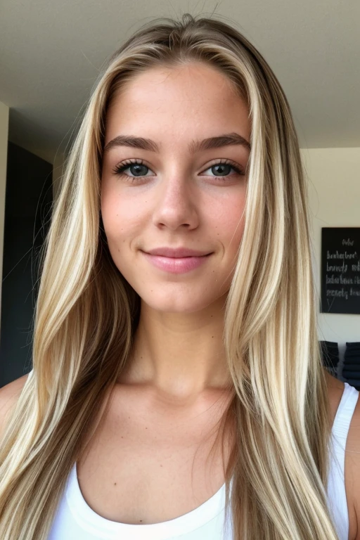 a girl with straight blonde hair taking a selfie