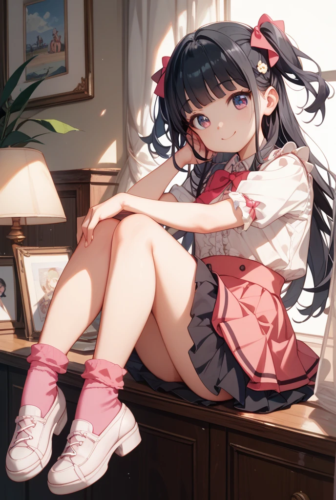 a cute girl smiling sitting on a sleigh, black hair, christmas steampunk dress, christmas hair ribbons, white pantyhose, red pumps, magical night, winter night, magical sparks floating, falling snow,