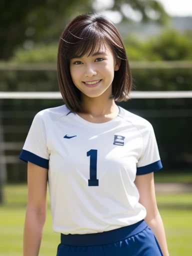 One girl,Midsummer,locker room,bench,Down to the feet,Black Hair,short hair,Put your hair on your ears,Volleyball Uniforms,Tank top,A big smile,6th grade elementary school,Healthy Beauty,,front,Small bulging lines on the chest,Look here,transparent,  Soft Light,(masterpiece, Highest quality), Structure of the film, Like a movie