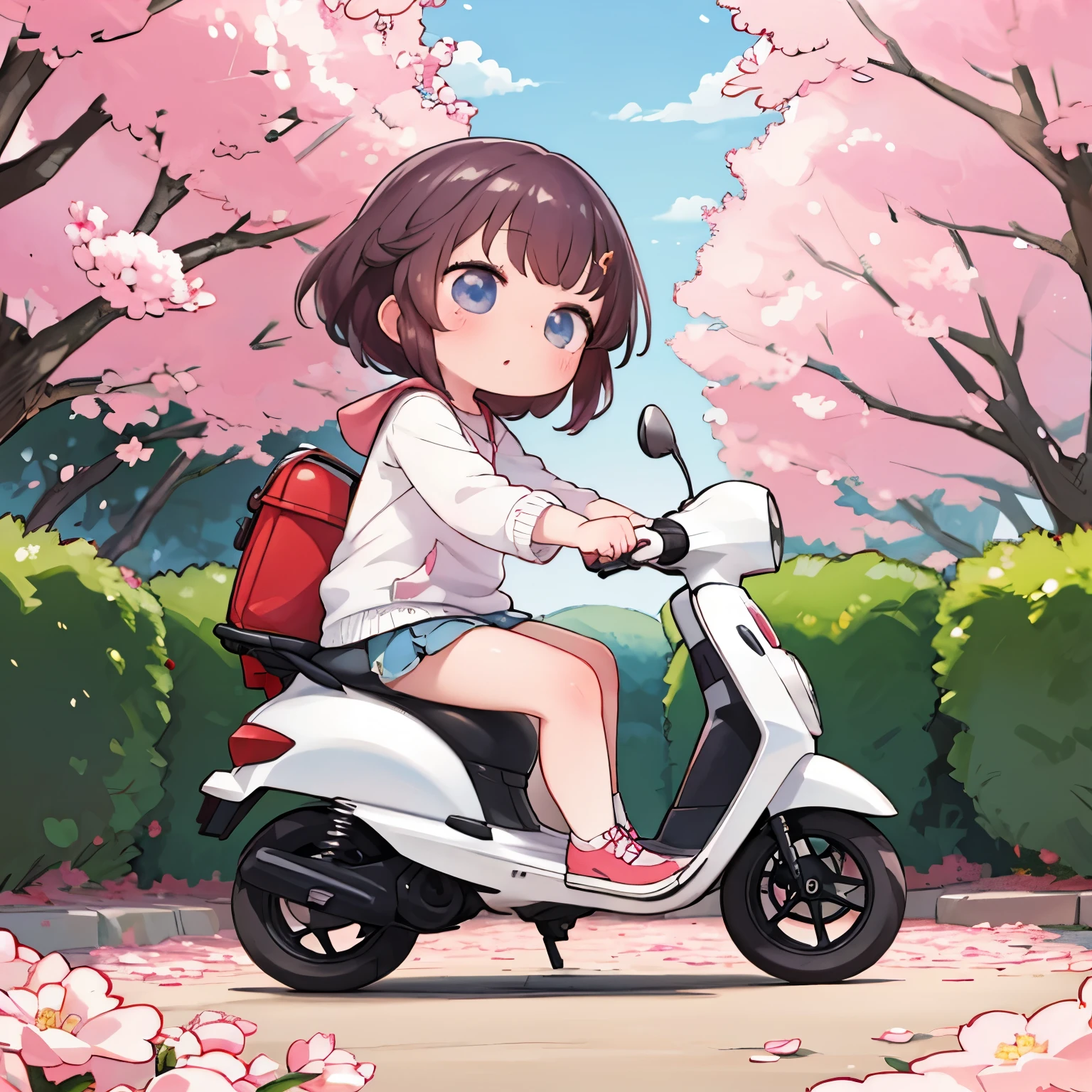 masterpiece,Highest Quality,cute girl riding a small scooter,Spring cherry blossom trees,