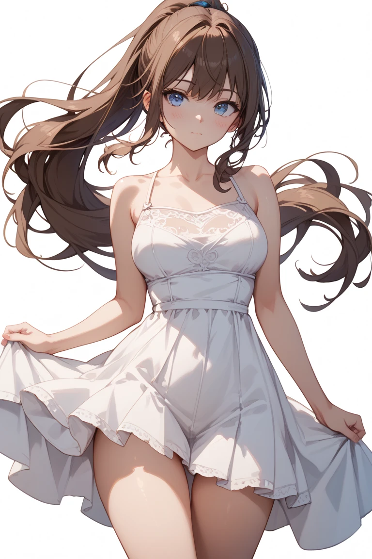 (masterpiece:1.3), (absurdres:1.3), (best quality:1.3), (ultra-detailed:1.3),(best shadow:0.7), (handled hair), perfect anatomy, 1girl, solo, rosa(pokemon), double bun, visor cap, hair bun, long_twintails, brown hair, blue eyes, hair between eyes, large breasts, sightly smile, nuisette, wearing a nuisette, see-through, see-through silhouette, revealing clothes,